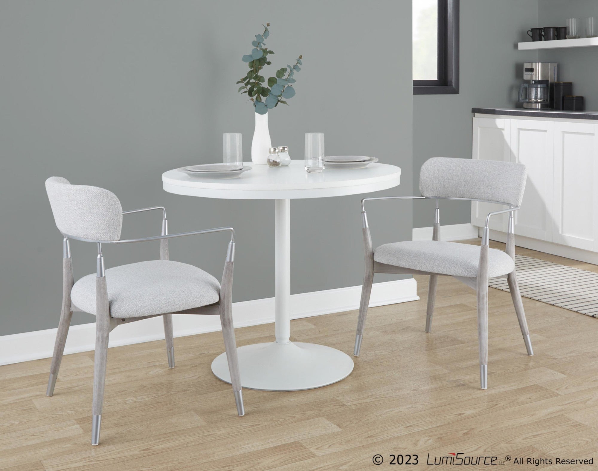 Savannah Chair - Set of 2 - Silver Metal, Grey Brushed Wood, Light Grey Fabric
