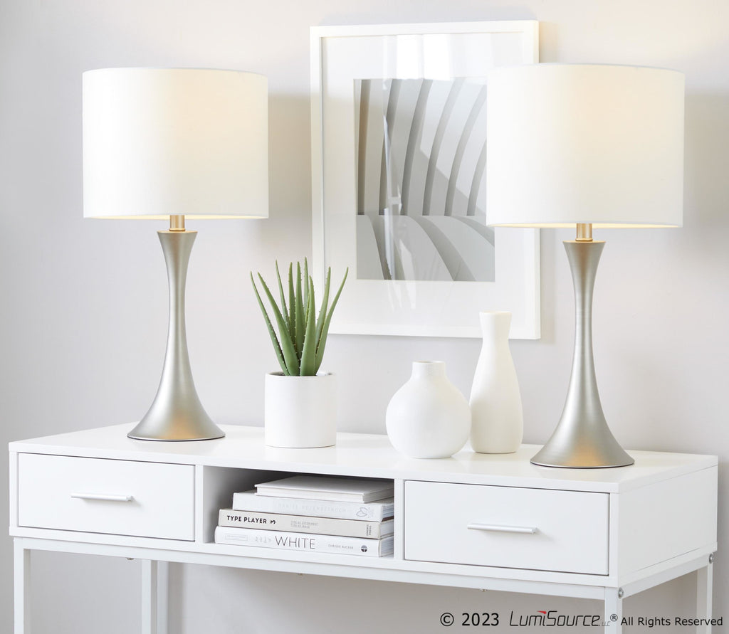 Lenuxe 24" Metal Table Lamp - Set of 2 - Frosted Silver Metal, Off-white Linen