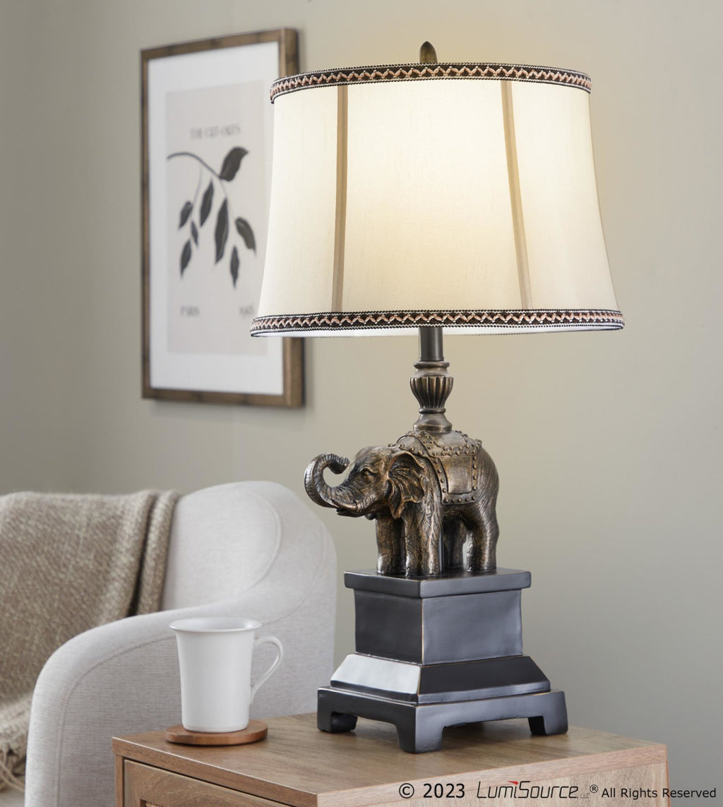 Elephant 27" Polyresin Table Lamp - Set of 2 - Bronze Polyresin, Natural Linen
