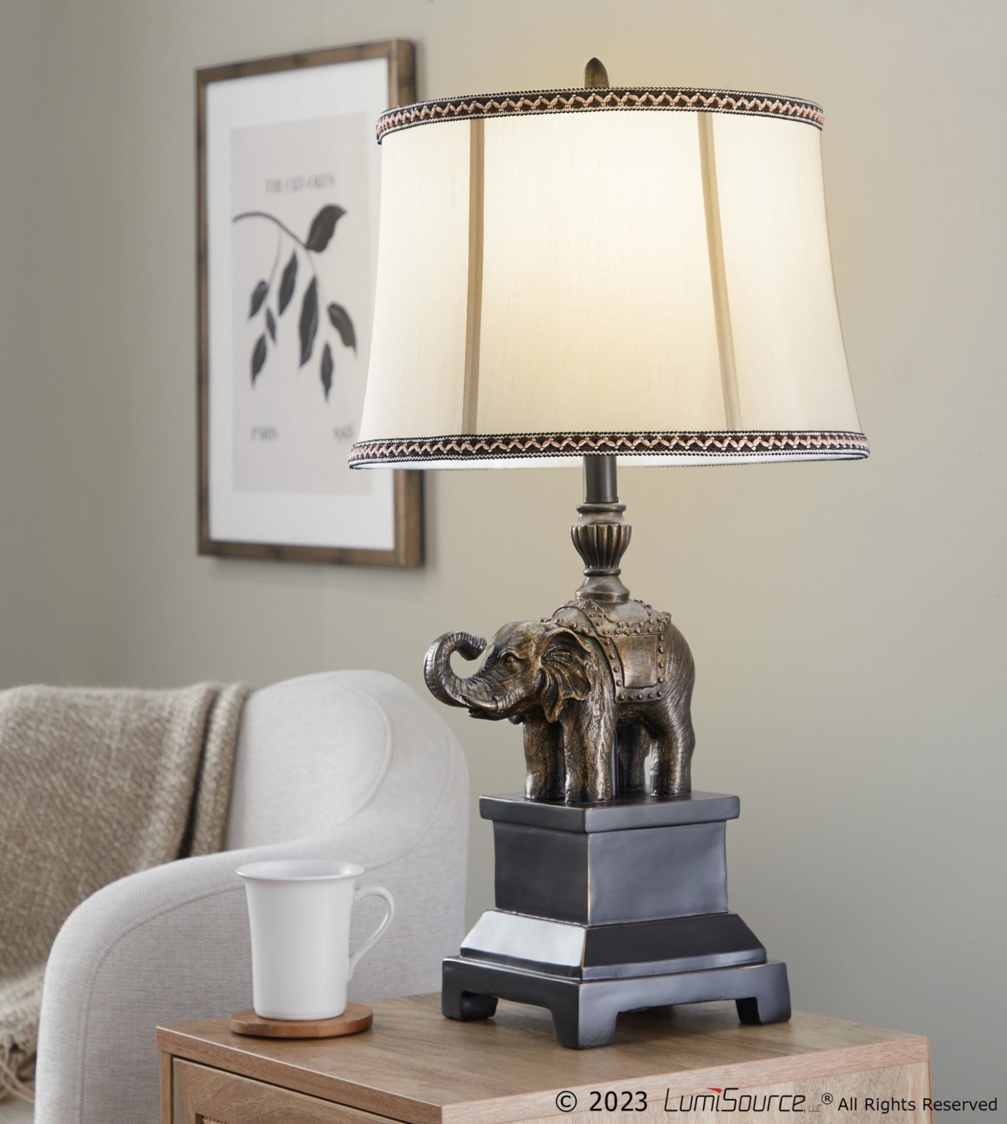 Elephant 27" Polyresin Table Lamp - Set of 2 - Bronze Polyresin, Natural Linen