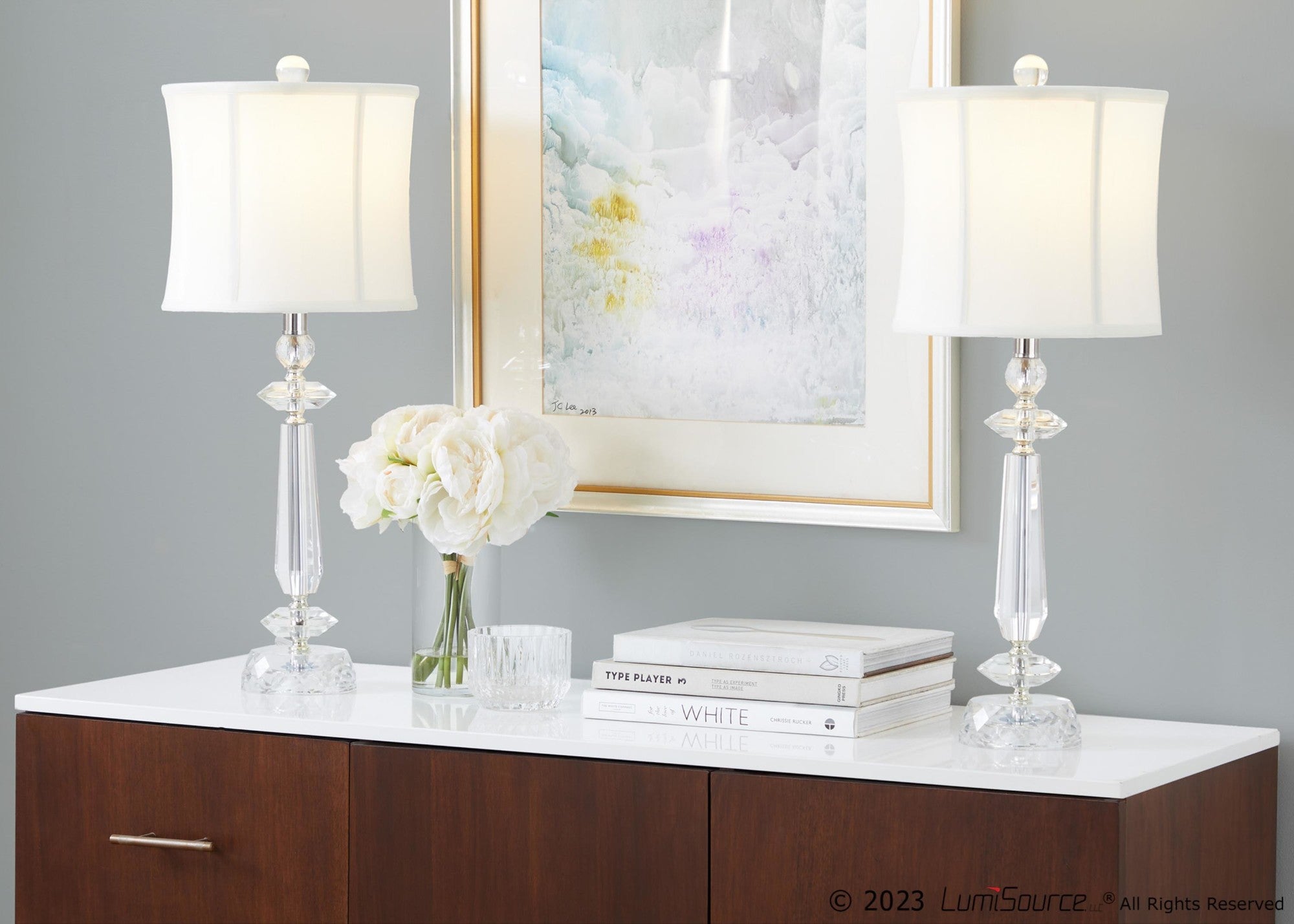 Karat 25" Crystal Table Lamp - Set of 2 - Clear Crystal, Chrome Metal, White Linen