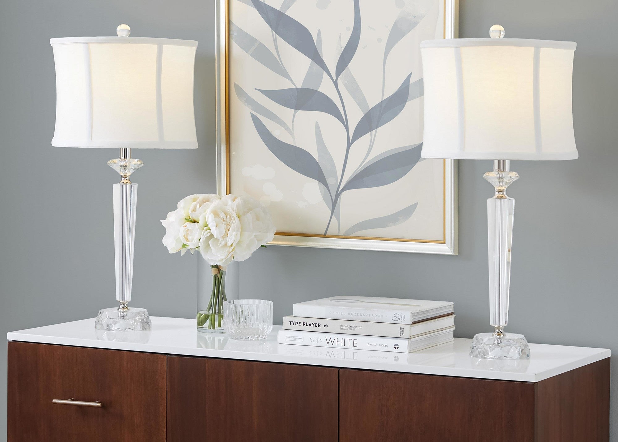 Diamond Torch 25" Crystal Table Lamp - Set of 2 - Clear Crystal, Polished Nickel, Off-white Linen