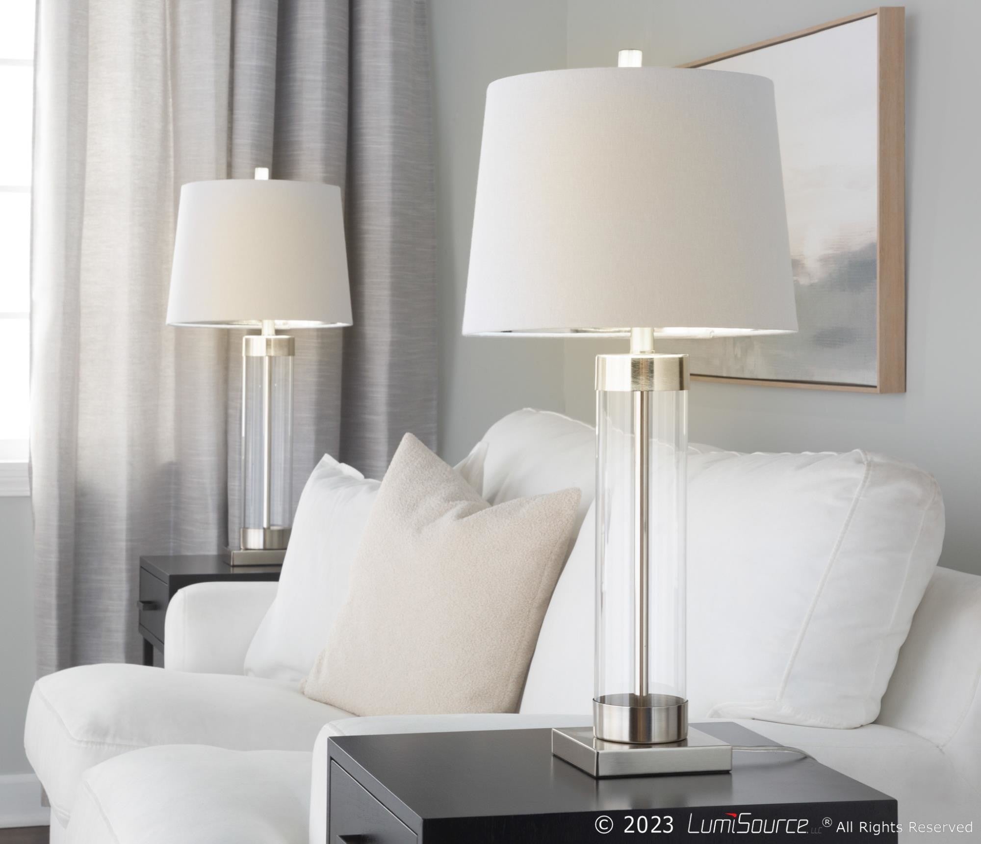 Glacier 30" Glass Table Lamp - Set of 2 - Clear Glass, Brushed Nickel, White Linen
