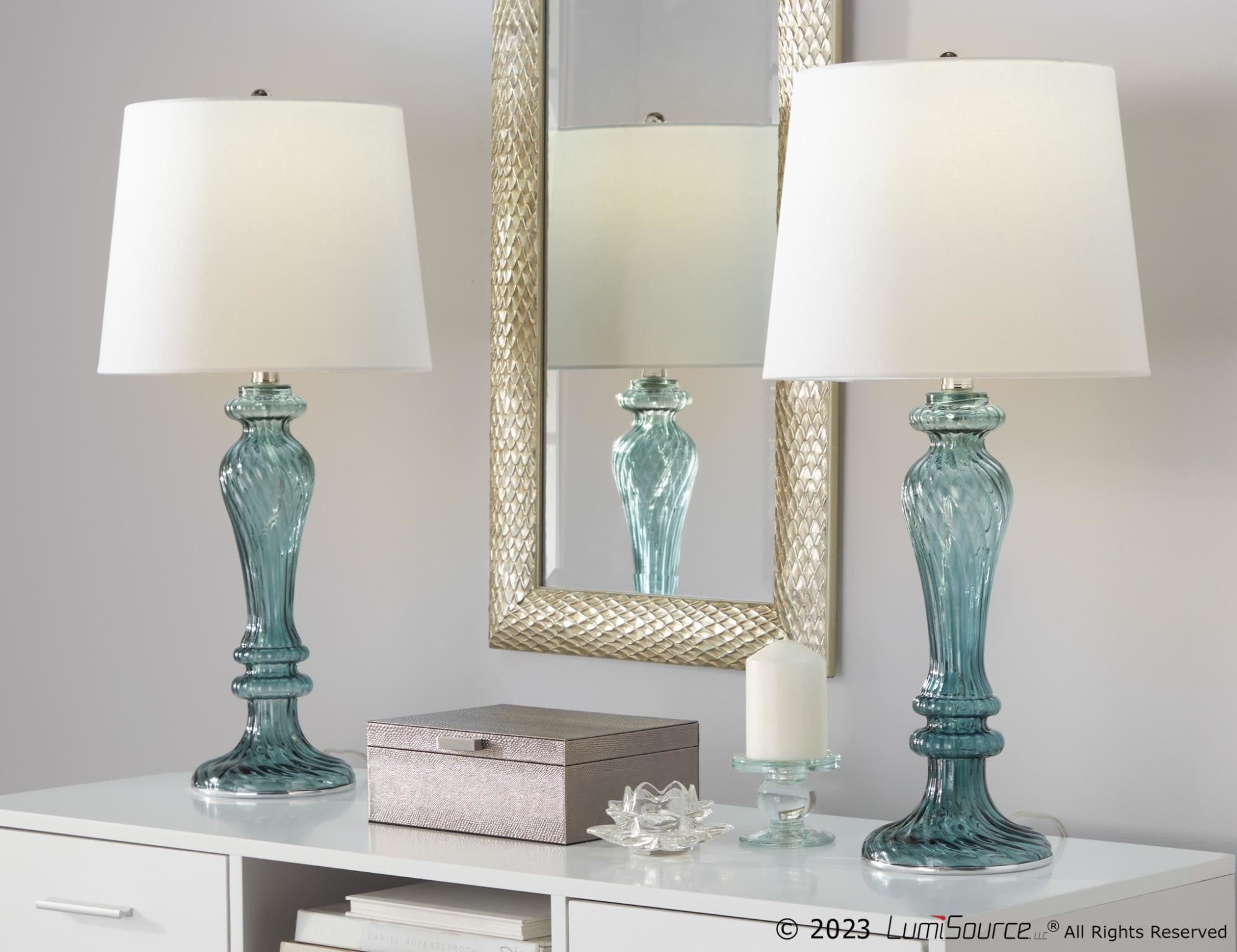 Windsor 25" Glass Table Lamp - Set of 2 - Clear Turquoise Glass, Off-white Linen, Polished Nickel