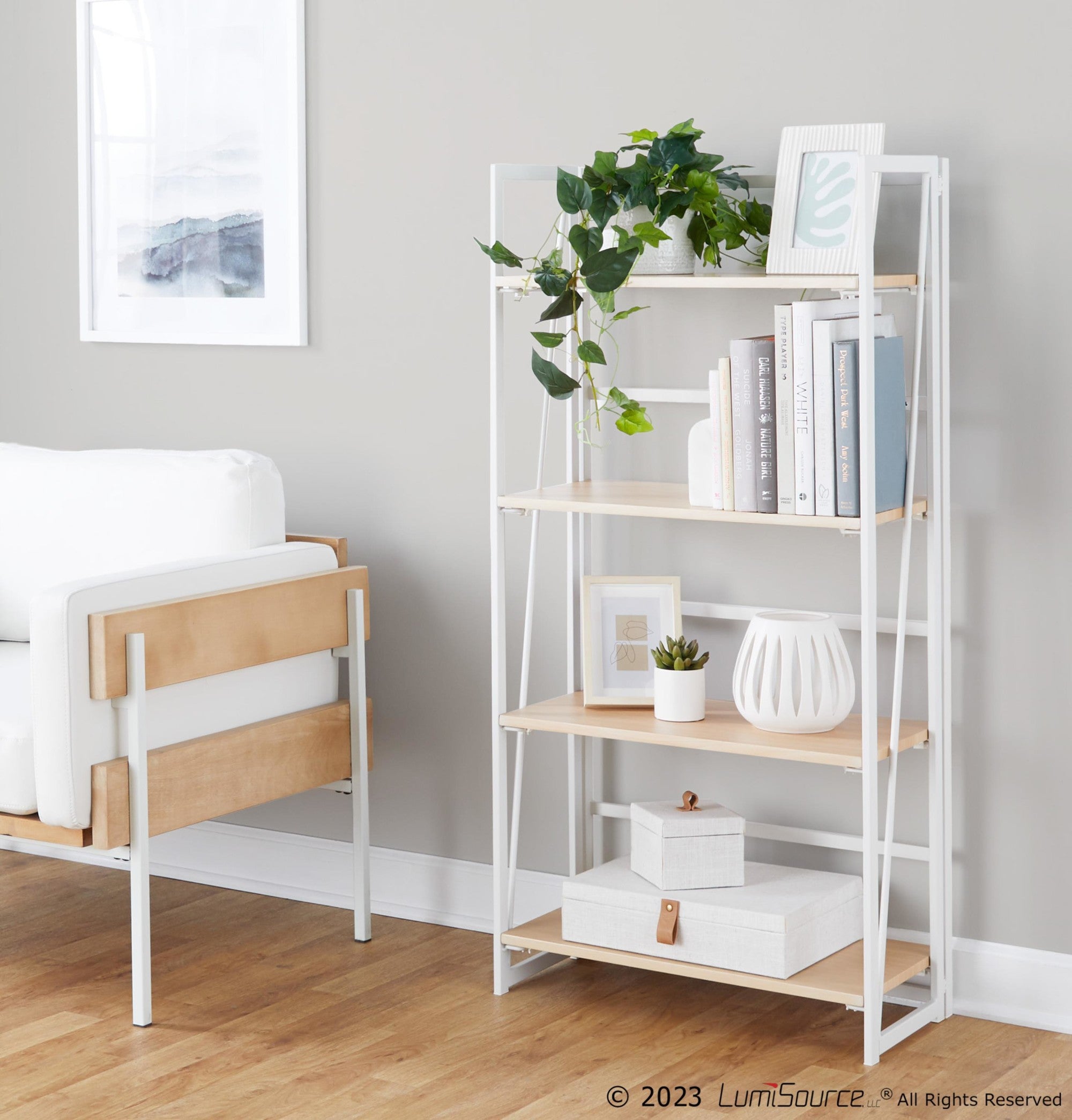 Dakota Bookcase - White Painted Metal, Natural Wood