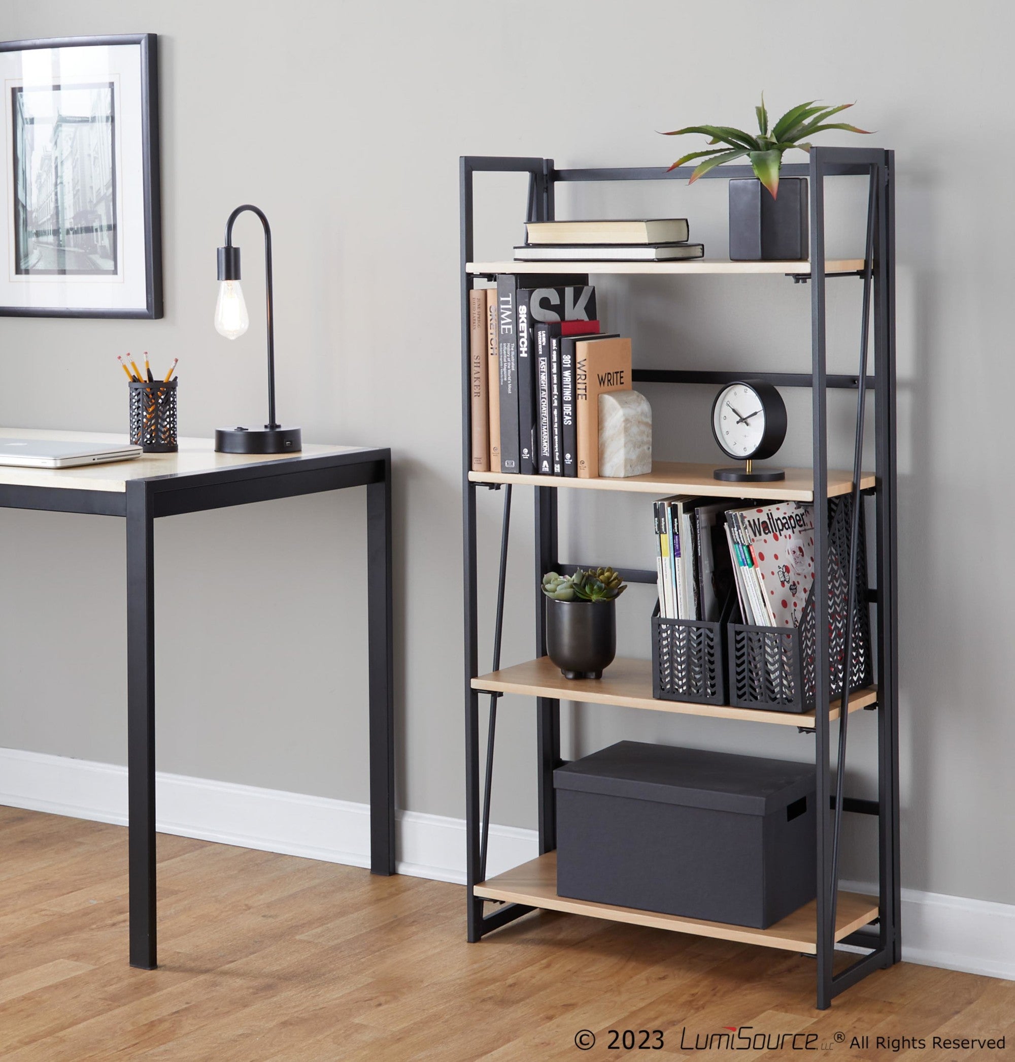 Dakota Bookcase - Black Painted Metal, Natural Wood