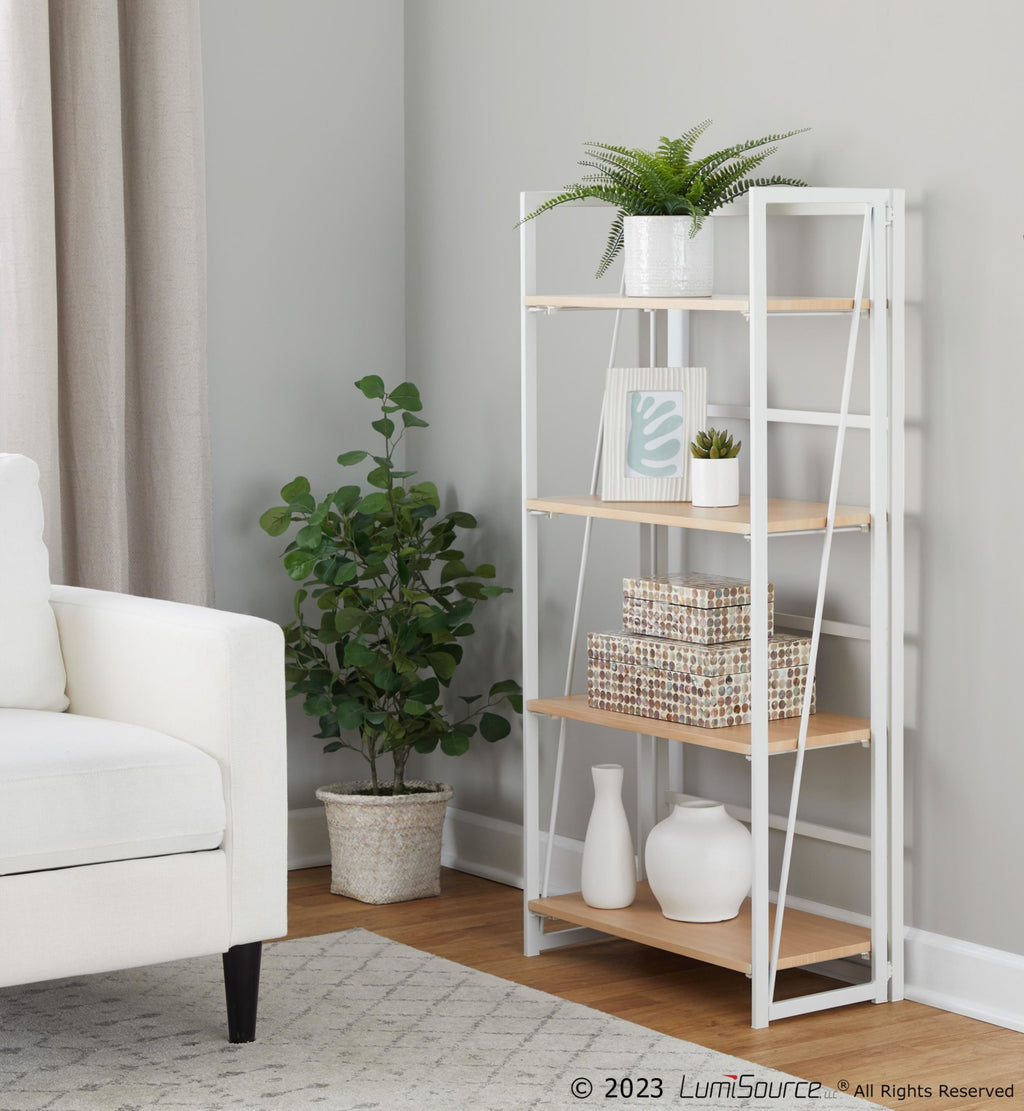 Dakota Bookcase - White Painted Metal, Natural Wood