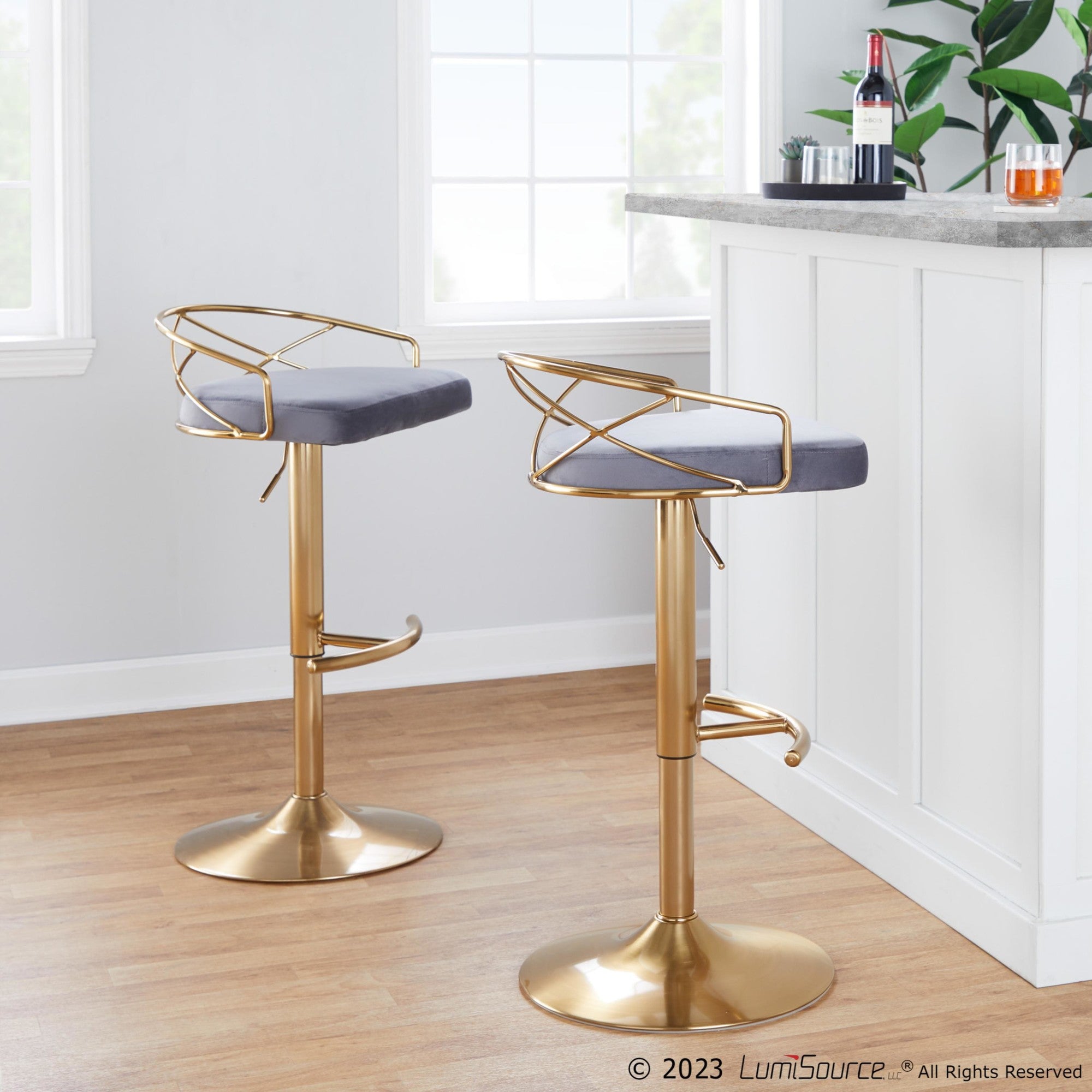 Charlotte Glam Adjustable Barstool - Set of 2 - Gold Metal, Grey Velvet
