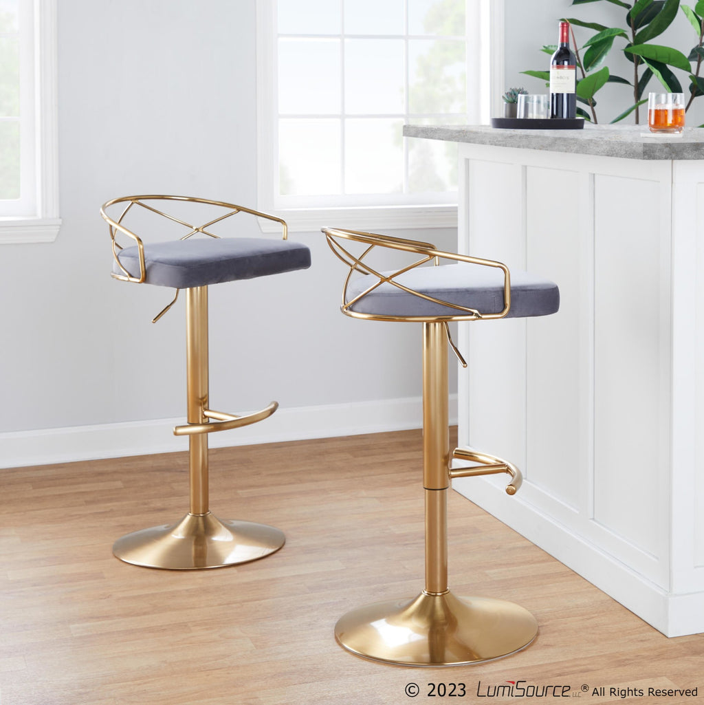 Charlotte Glam Adjustable Barstool - Set of 2 - Gold Metal, Grey Velvet