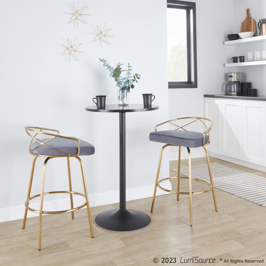 Charlotte Glam 26" Fixed-Height Counter Stool - Set of 2 - Gold Metal, Grey Velvet