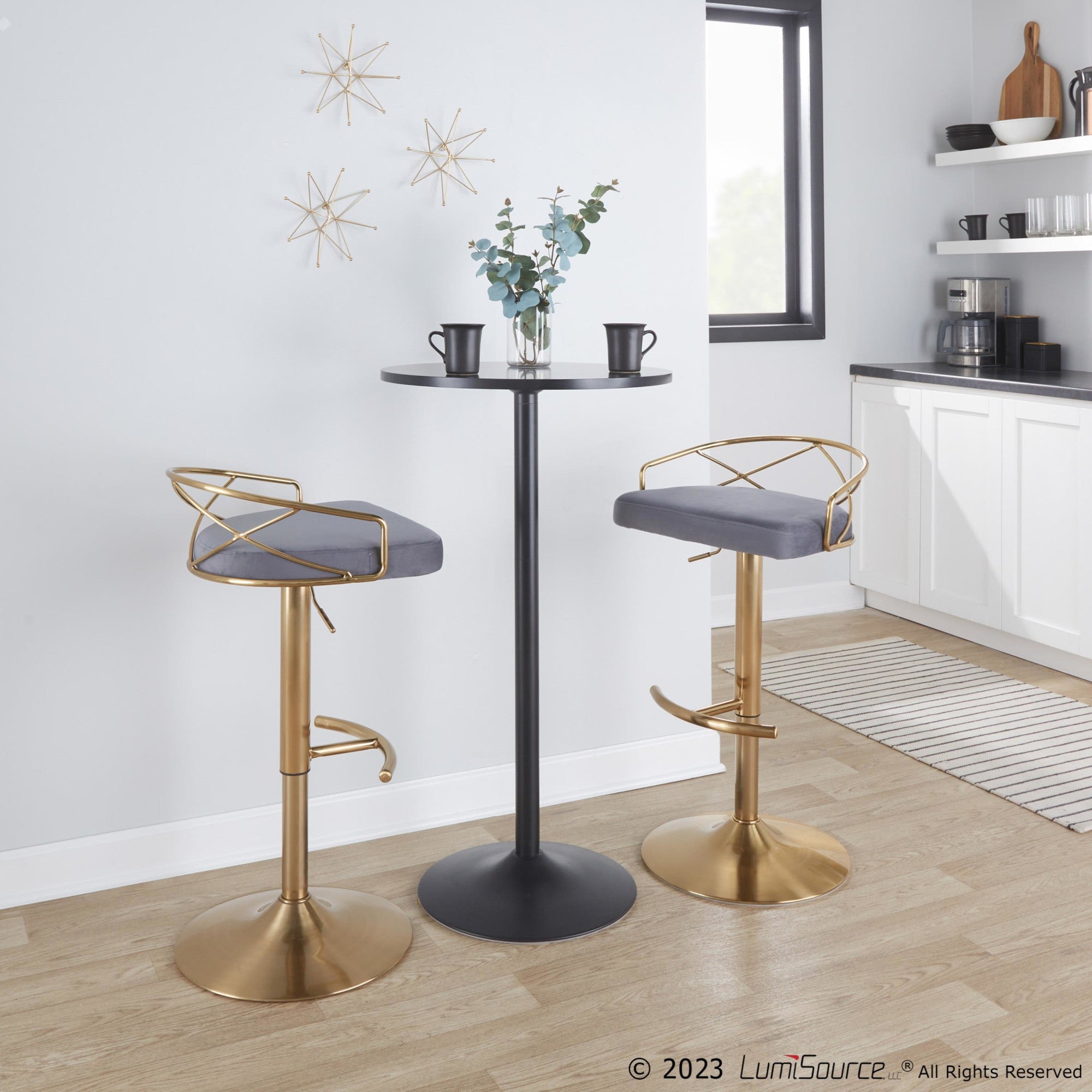 Charlotte Glam Adjustable Barstool - Set of 2 - Gold Metal, Grey Velvet