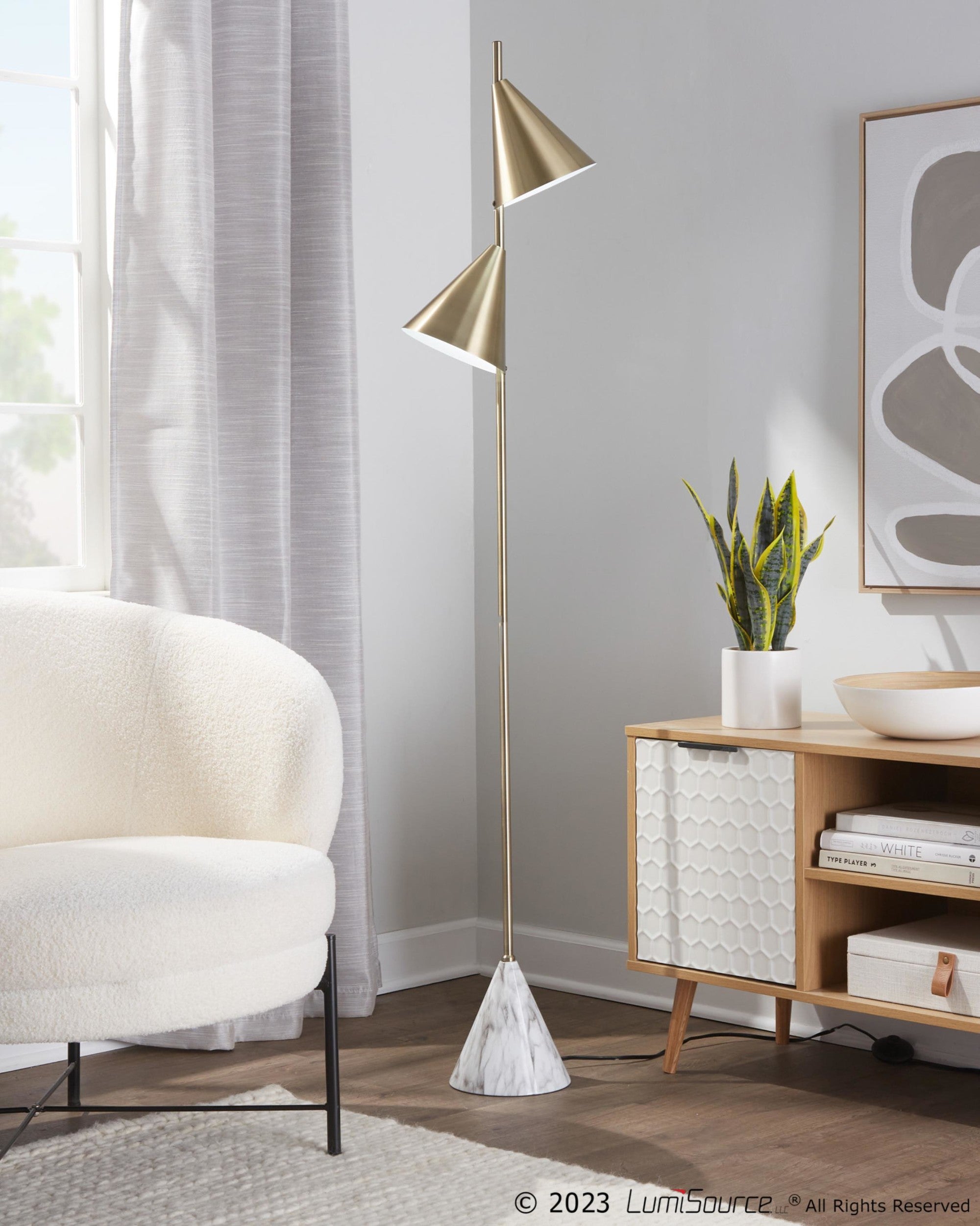 Cone 65" Metal Floor Lamp - Gold Metal, White Faux Marble