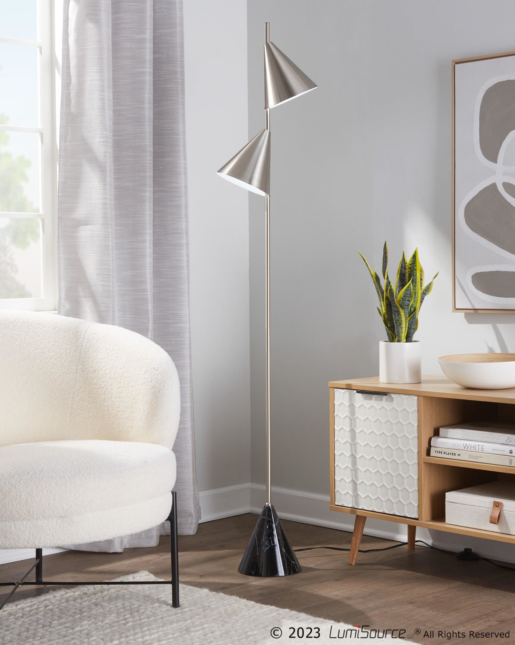 Cone 65" Metal Floor Lamp - Plated Nickel, Black Faux Marble