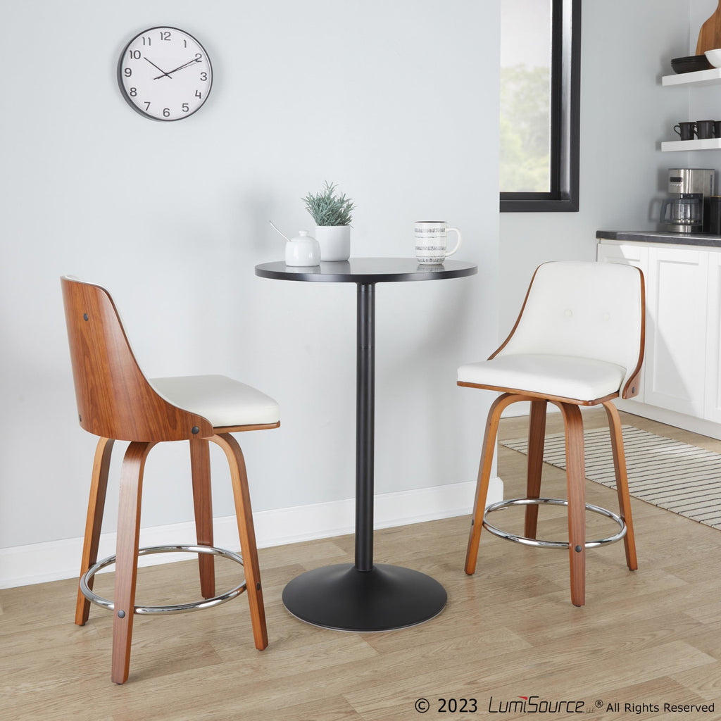 Gianna 24" Fixed-Height Counter Stool - Set of 2 - Walnut Wood, Chrome Footrest, White PU