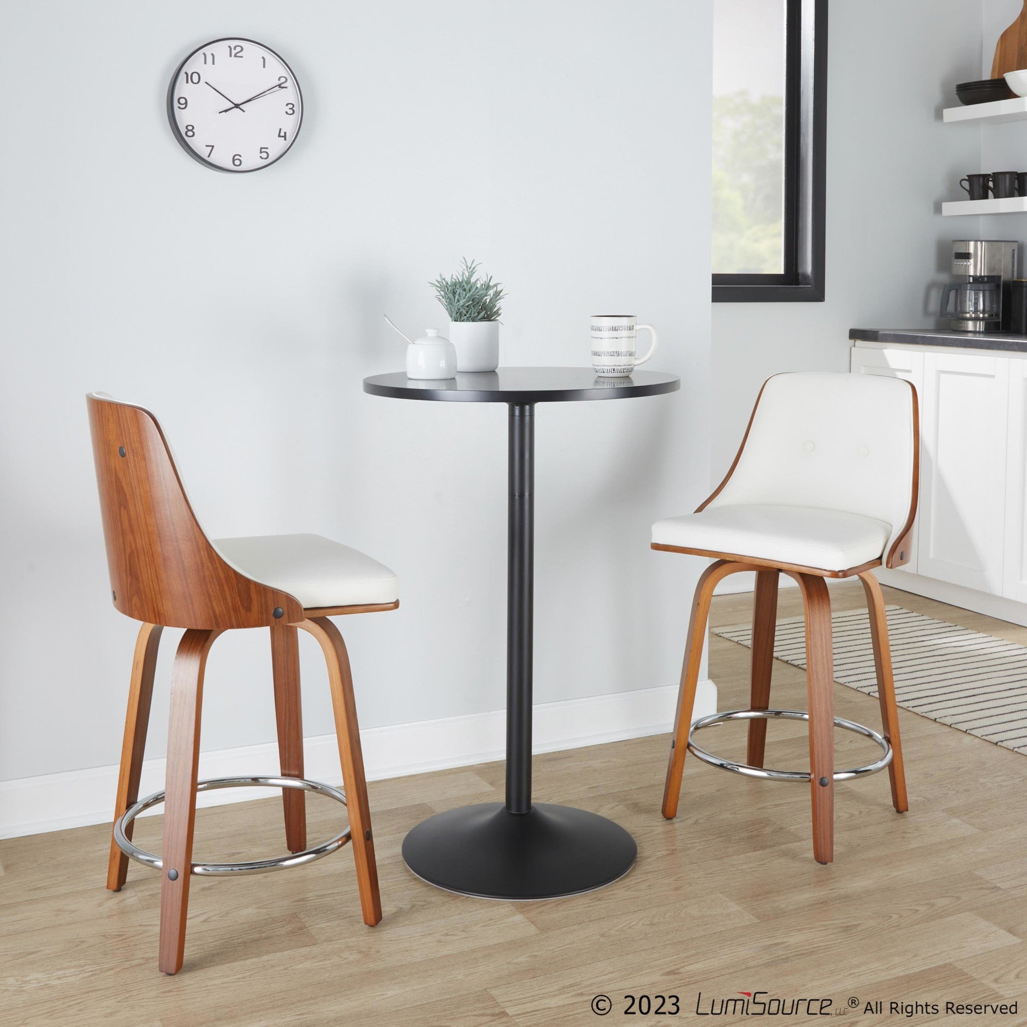 Gianna 24" Fixed-Height Counter Stool - Set of 2 - Walnut Wood, Chrome Footrest, White PU