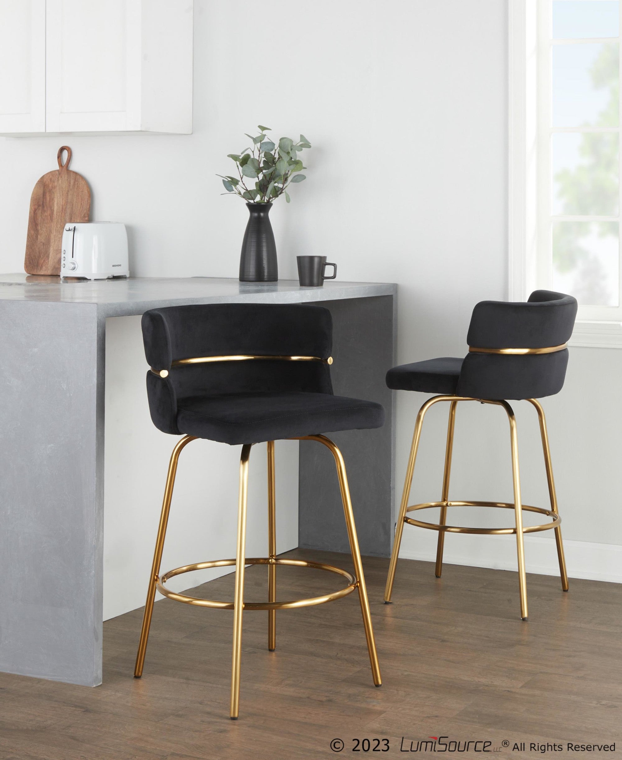 Cinch Claire 26" Fixed-Height Counter Stool - Set of 2 - Gold Metal, Black Velvet