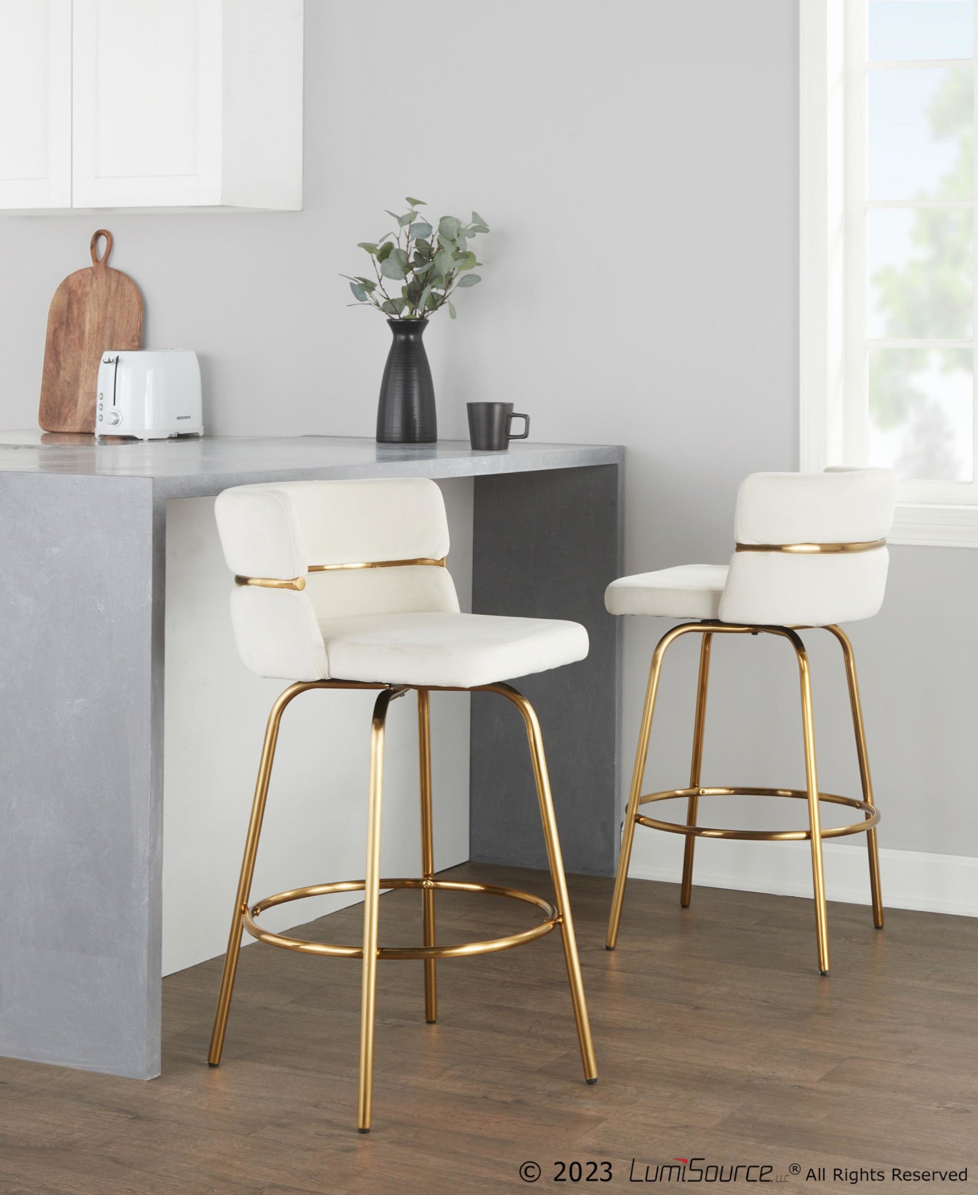 Cinch Claire 26" Fixed-Height Counter Stool - Set of 2 - Gold Metal, Cream Velvet
