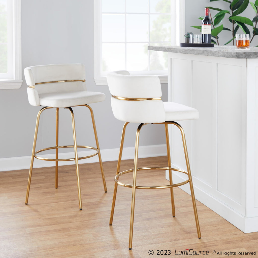 Cinch Claire 30" Fixed-Height Barstool - Set of 2 - Gold Metal, Cream Velvet