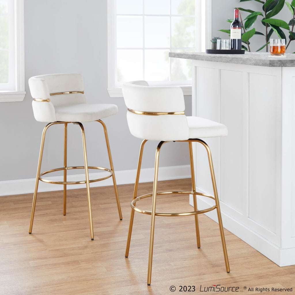 Cinch Claire 30" Fixed-Height Barstool - Set of 2 - Gold Metal, Cream Velvet