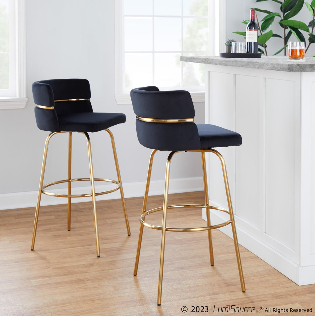 Cinch Claire 30" Fixed-Height Barstool - Set of 2 - Gold Metal, Black Velvet