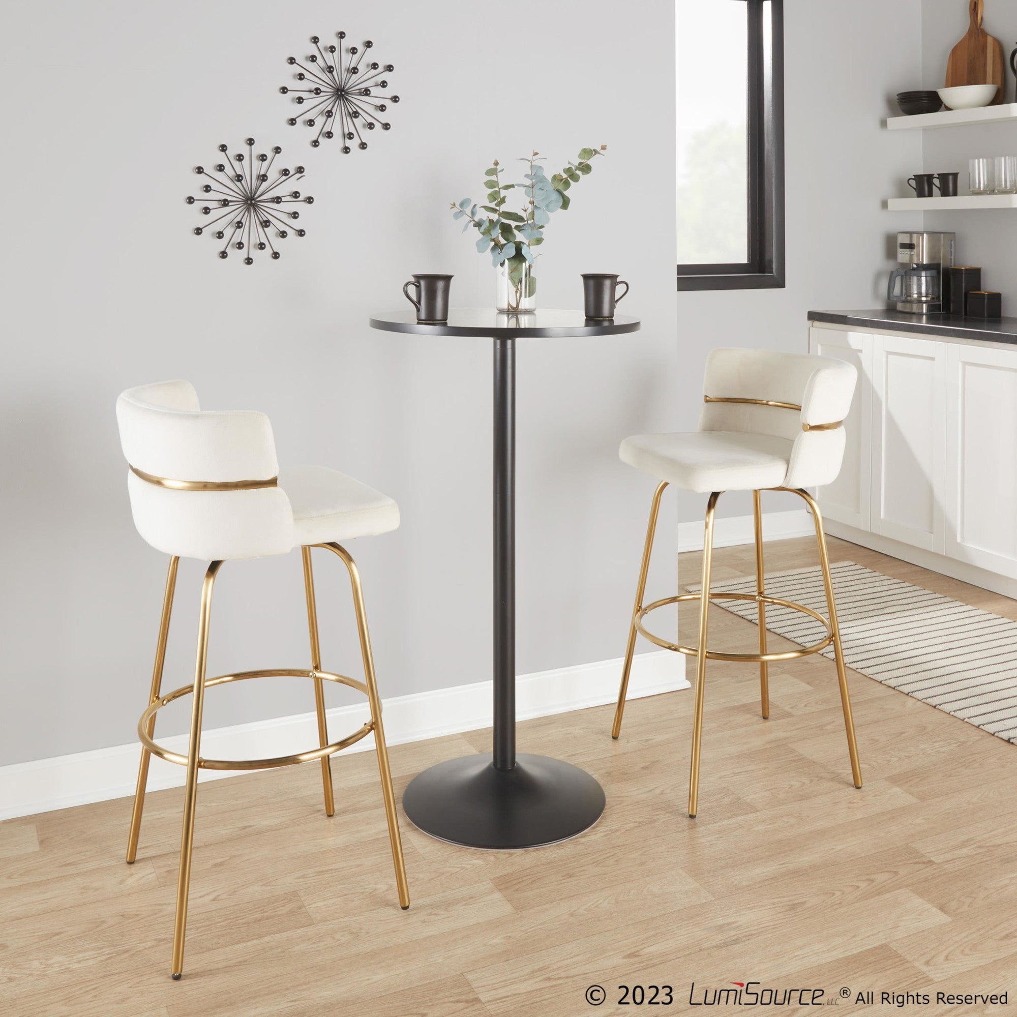 Cinch Claire 30" Fixed-Height Barstool - Set of 2 - Gold Metal, Cream Velvet