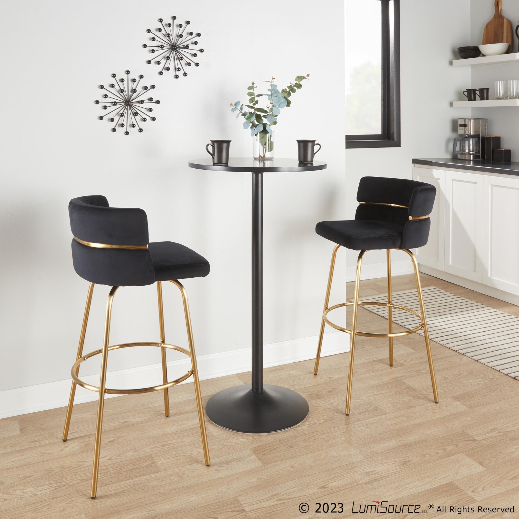 Cinch Claire 30" Fixed-Height Barstool - Set of 2 - Gold Metal, Black Velvet