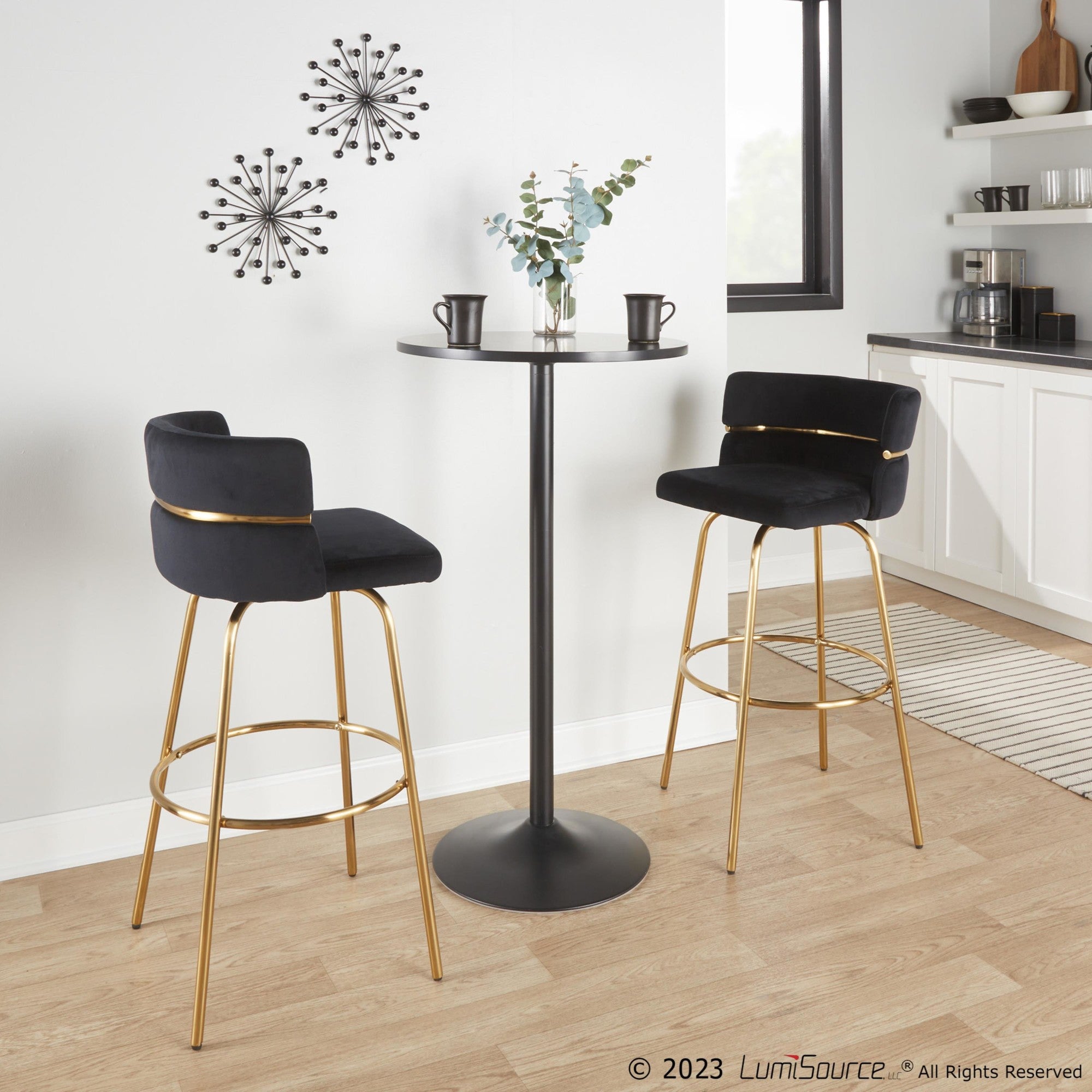 Cinch Claire 30" Fixed-Height Barstool - Set of 2 - Gold Metal, Black Velvet