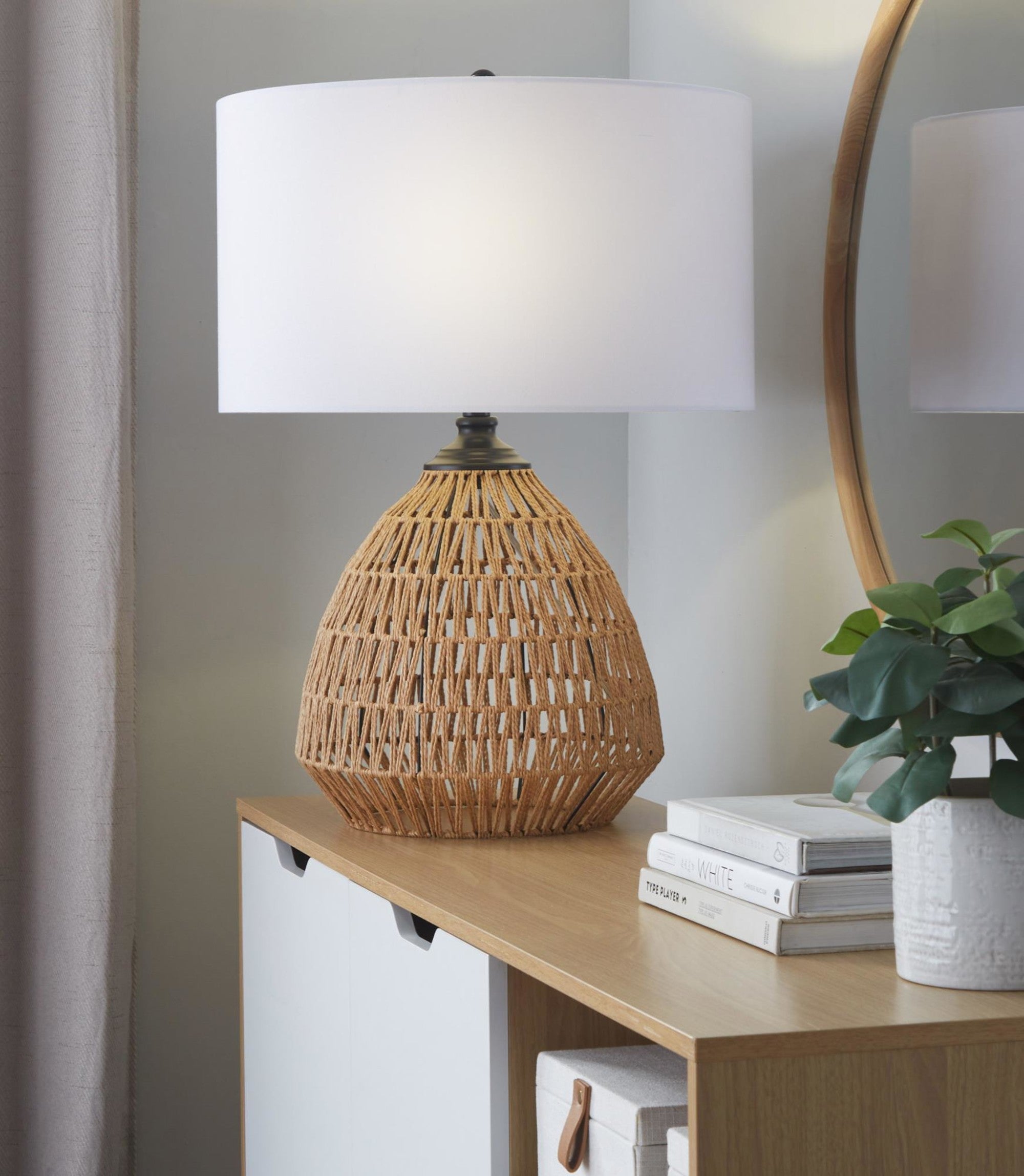 Congo 29" Rattan Table Lamp - Natural Rope Rattan, Matte Black Metal, White Linen