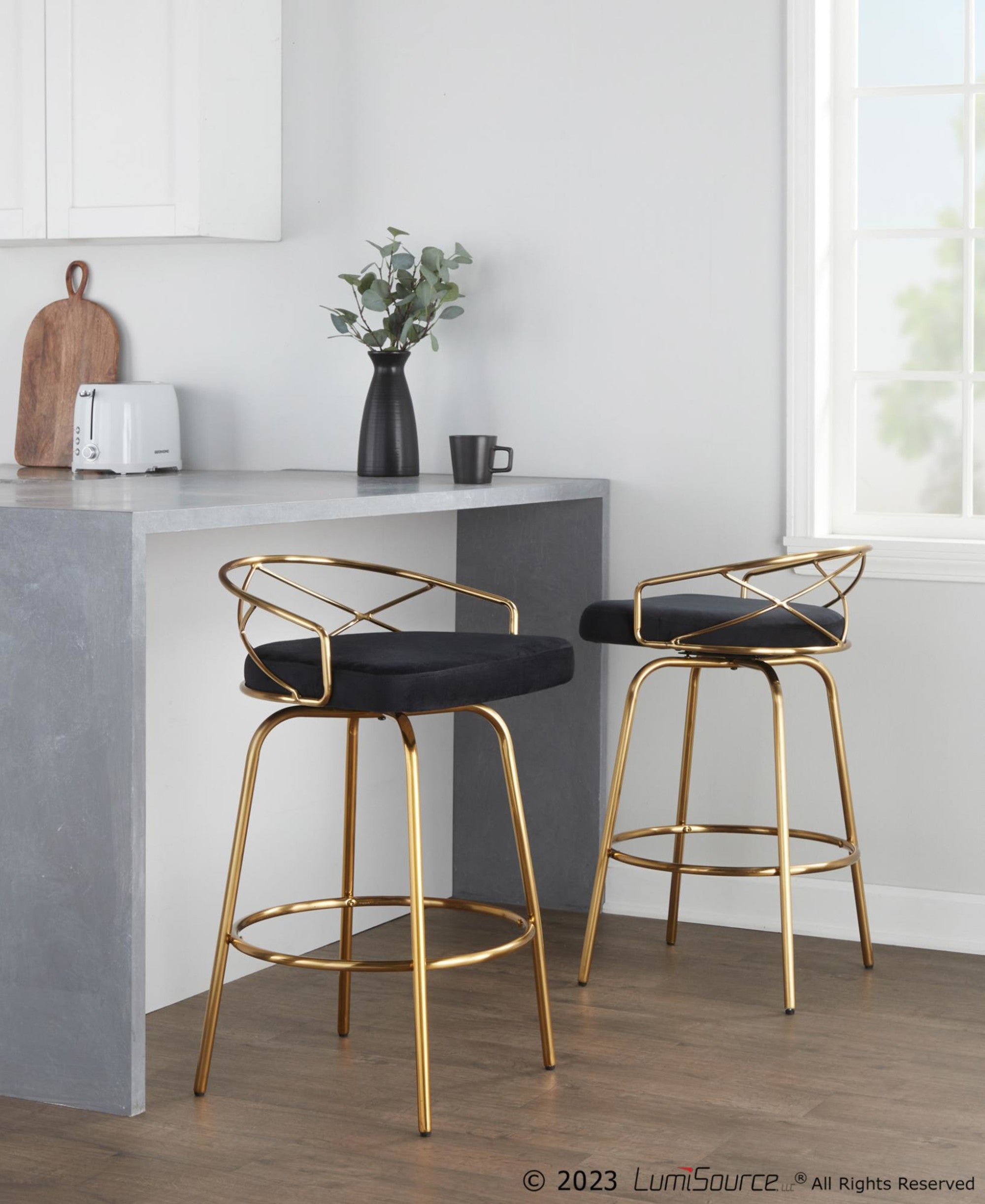 Charlotte Glam 26" Fixed-Height Counter Stool - Set of 2 - Gold Metal, Black Velvet
