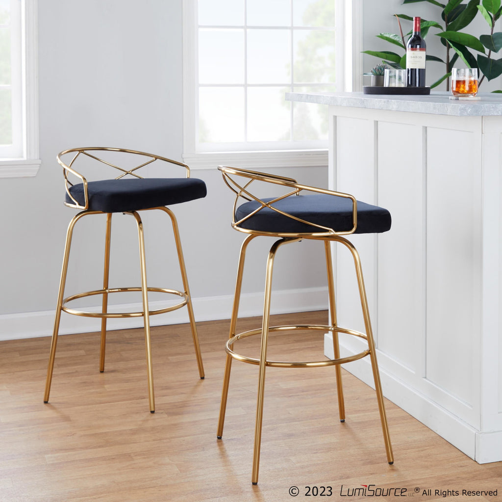 Charlotte Glam 30" Fixed-Height Barstool - Set of 2 - Gold Metal, Black Velvet