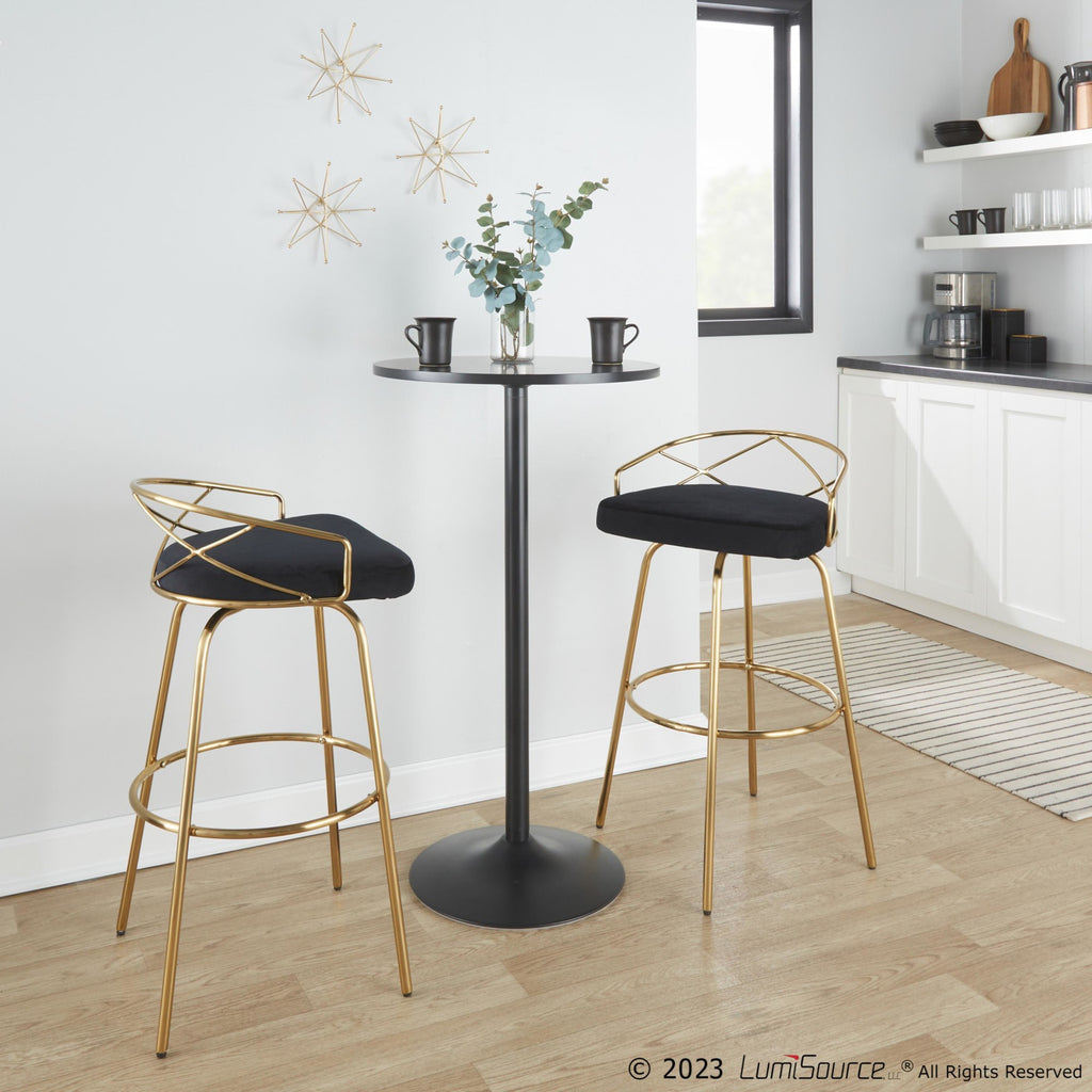 Charlotte Glam 30" Fixed-Height Barstool - Set of 2 - Gold Metal, Black Velvet