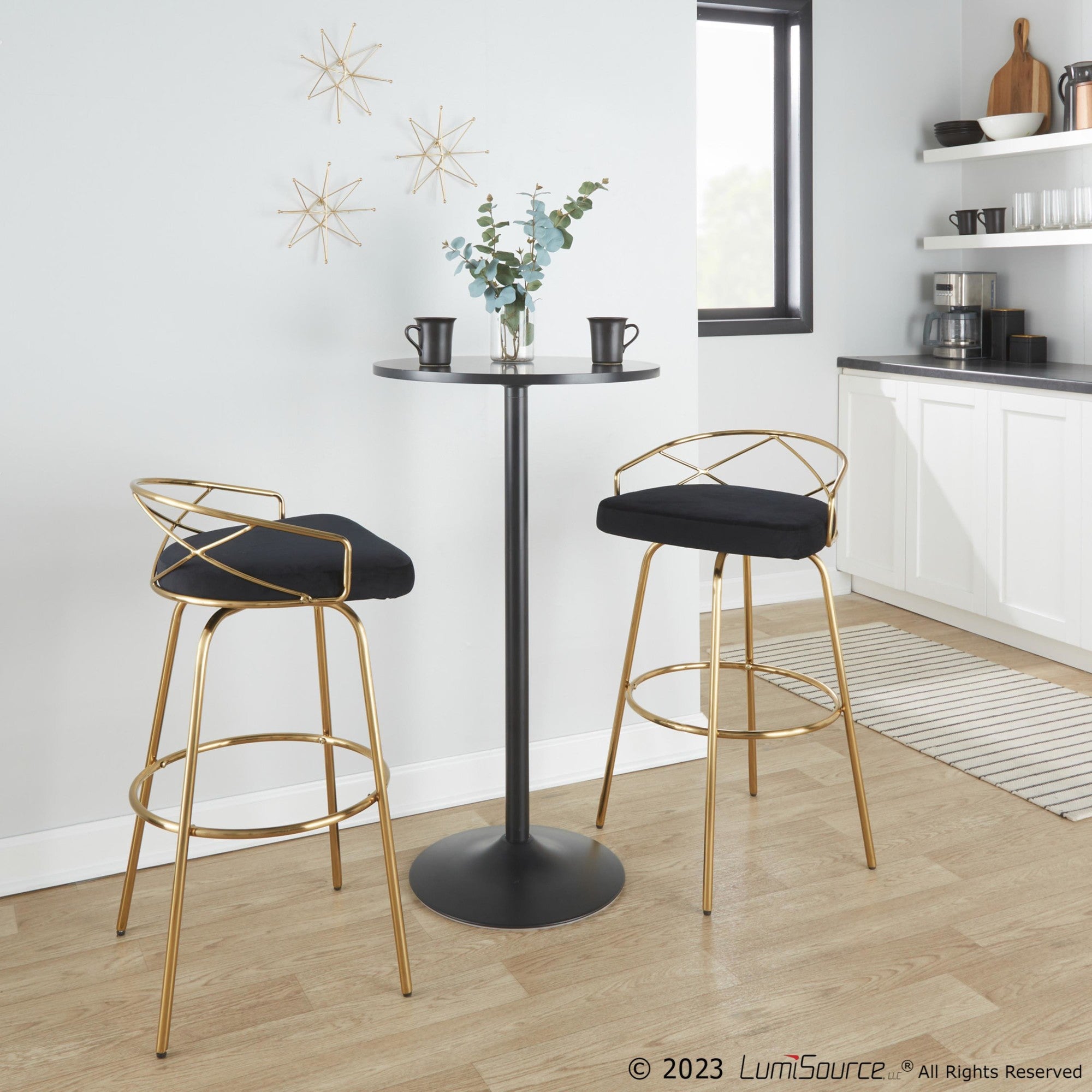 Charlotte Glam 30" Fixed-Height Barstool - Set of 2 - Gold Metal, Black Velvet