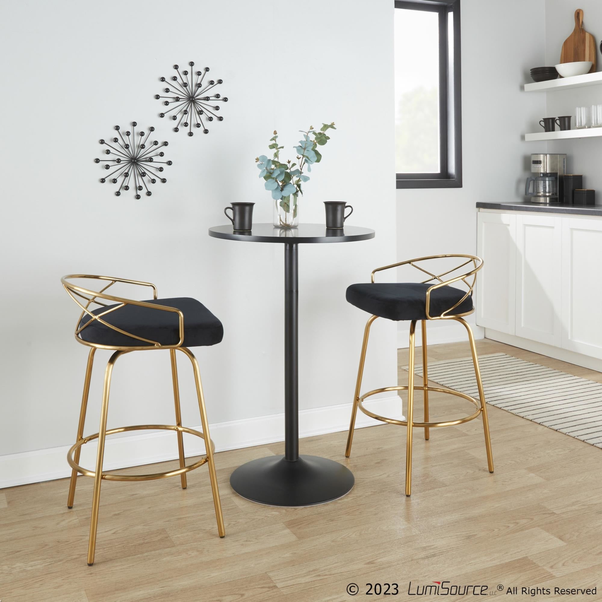 Charlotte Glam 26" Fixed-Height Counter Stool - Set of 2 - Gold Metal, Black Velvet