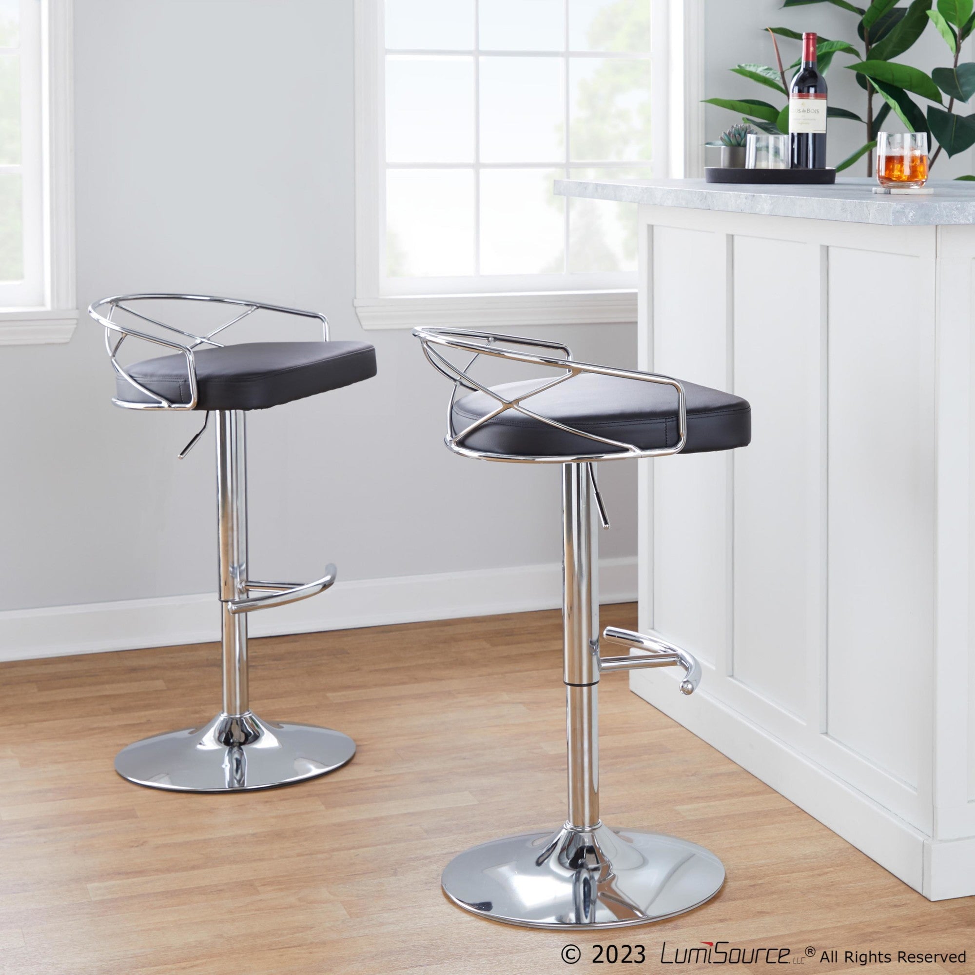 Charlotte Glam Adjustable Barstool - Set of 2 - Chrome Metal, Black PU