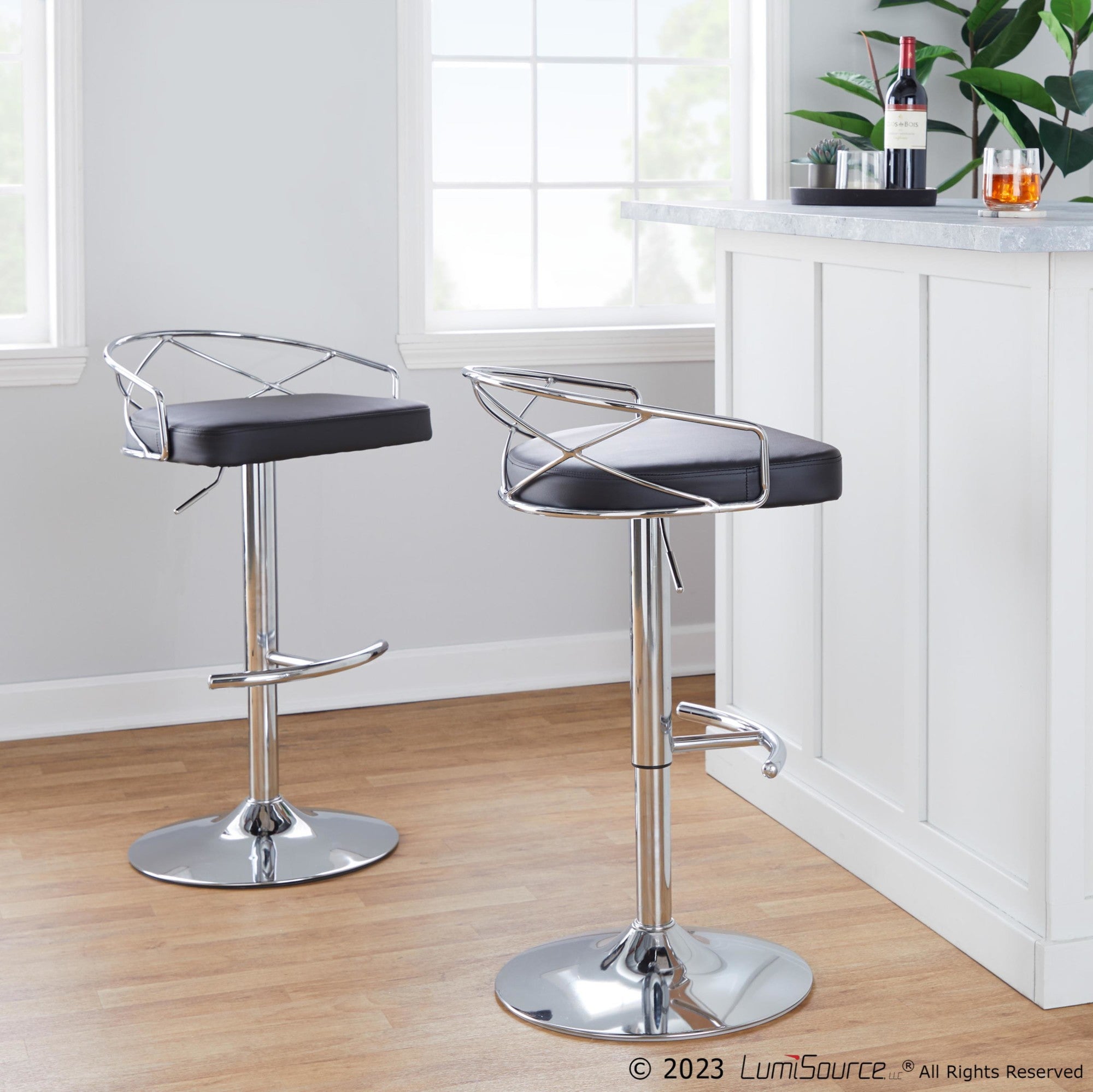 Charlotte Glam Adjustable Barstool - Set of 2 - Chrome Metal, Black PU