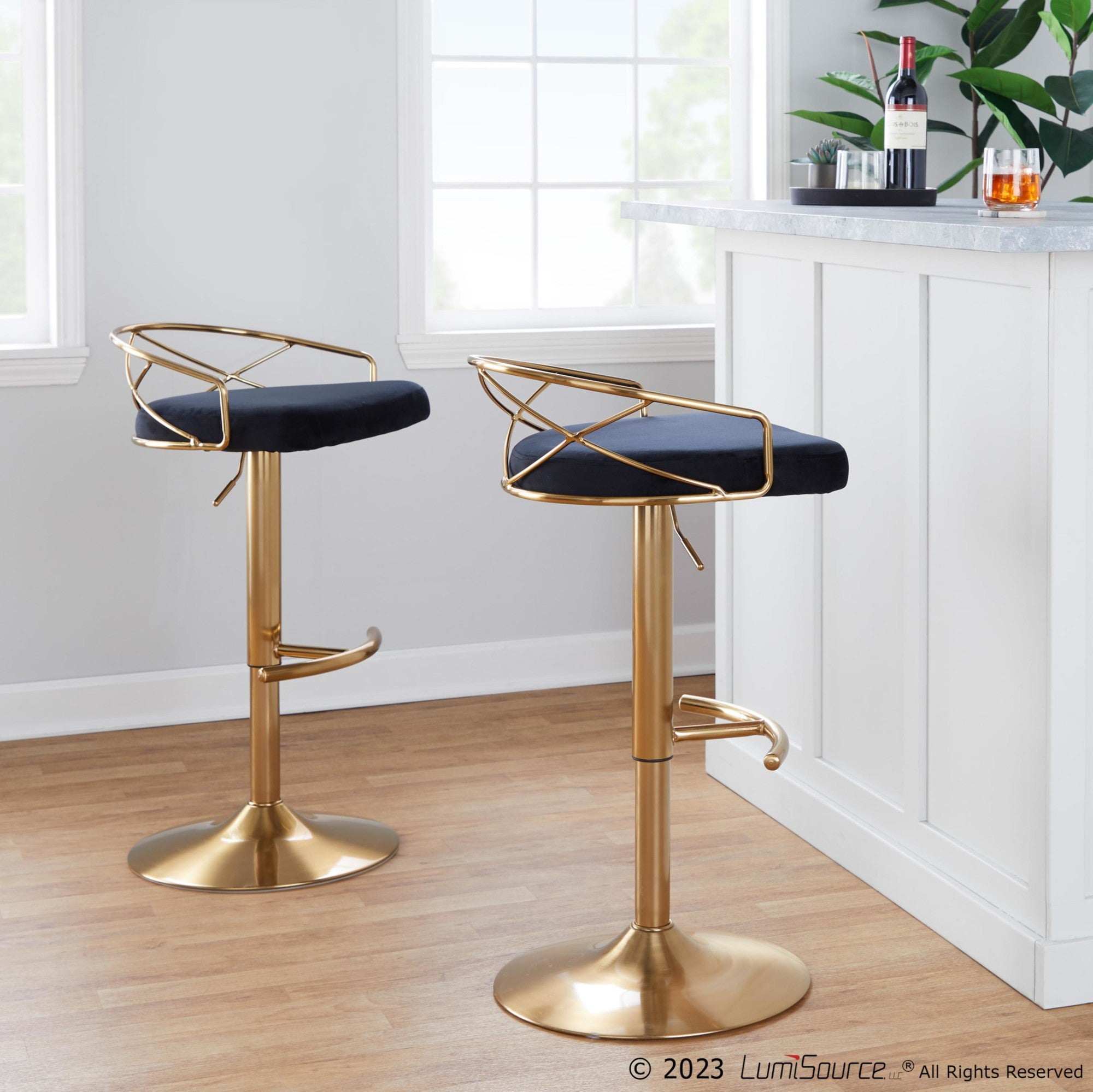 Charlotte Glam Adjustable Barstool - Set of 2 - Gold Metal, Black Velvet