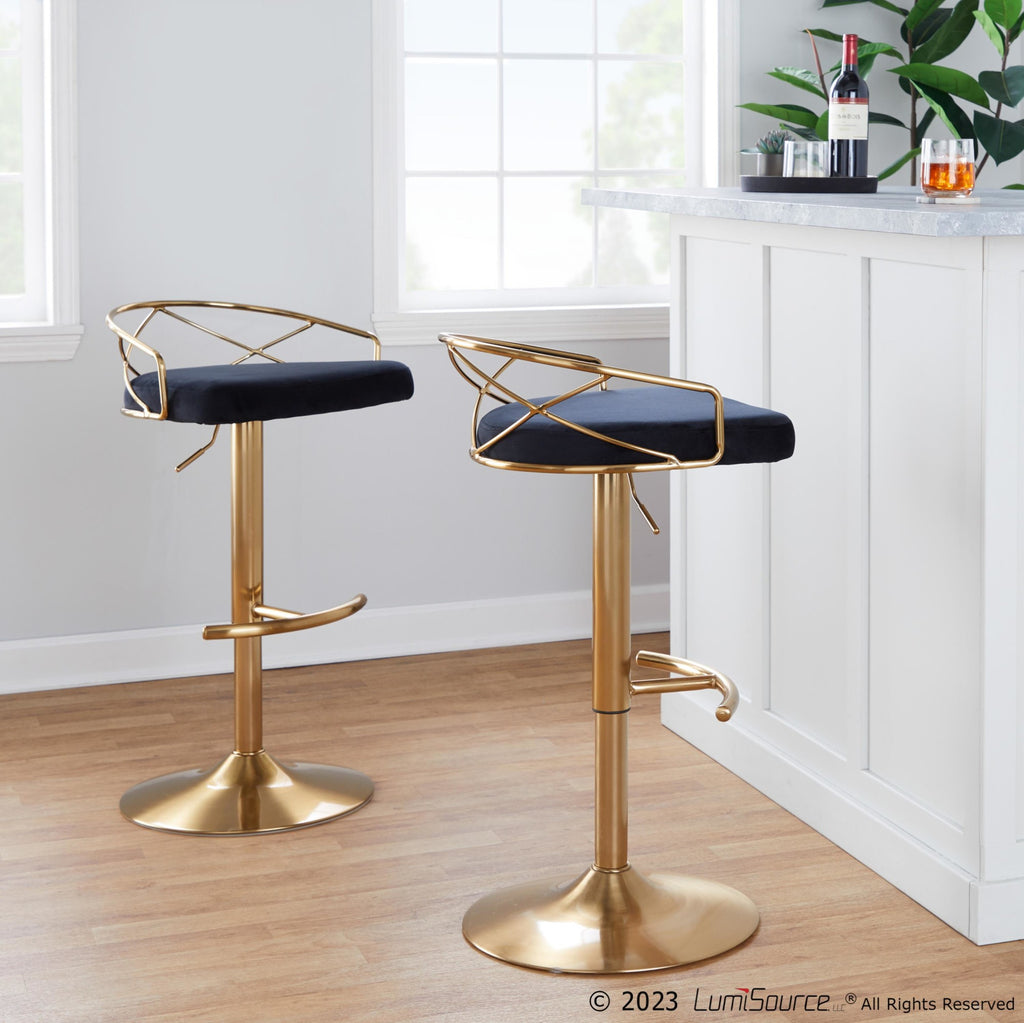Charlotte Glam Adjustable Barstool - Set of 2 - Gold Metal, Black Velvet