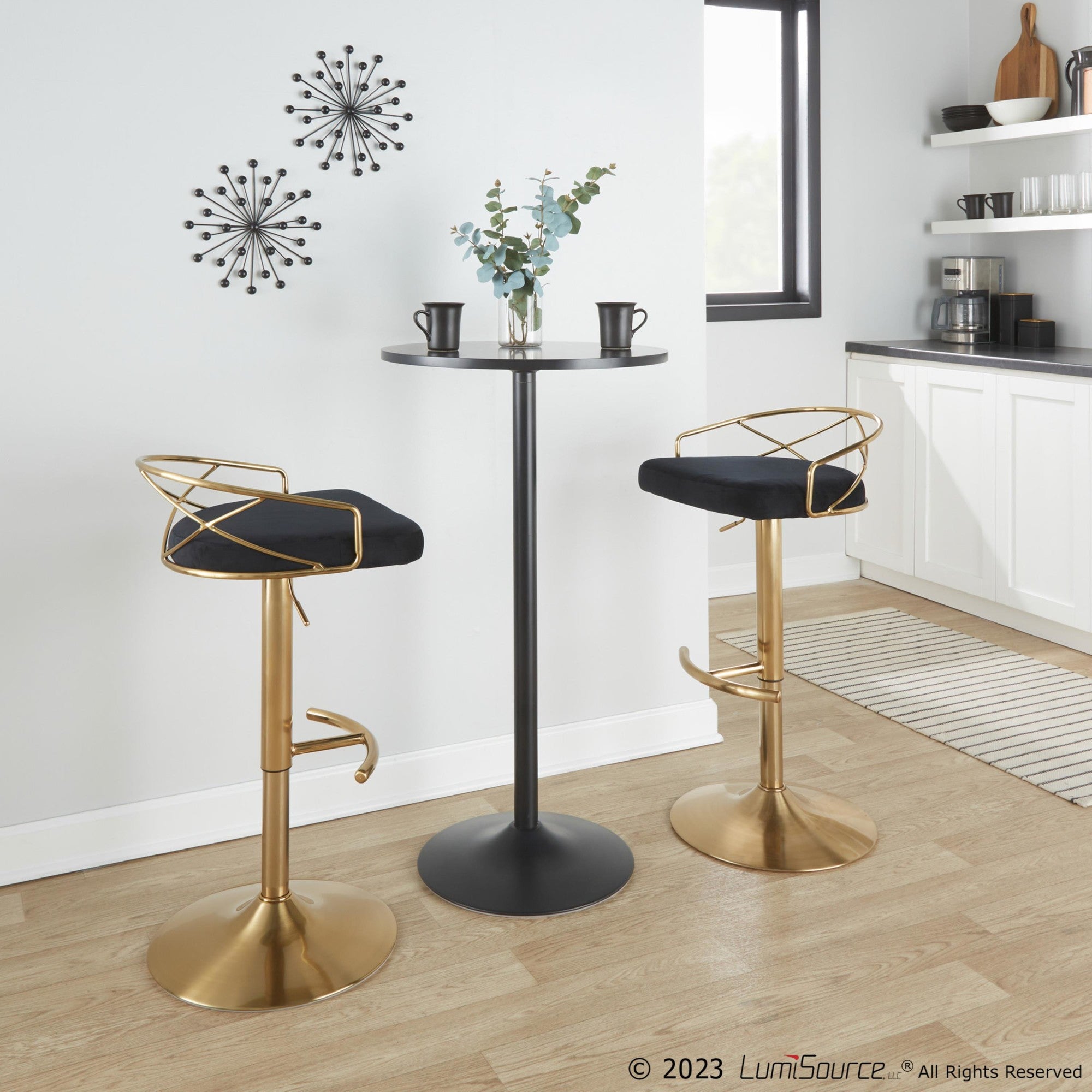 Charlotte Glam Adjustable Barstool - Set of 2 - Gold Metal, Black Velvet