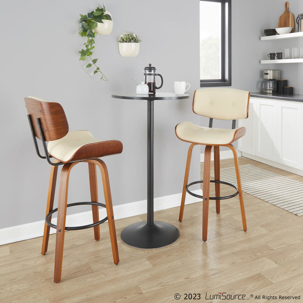 Lombardi 30" Fixed-Height Barstool - Set of 2 - Walnut Wood, Black Metal, Cream PU