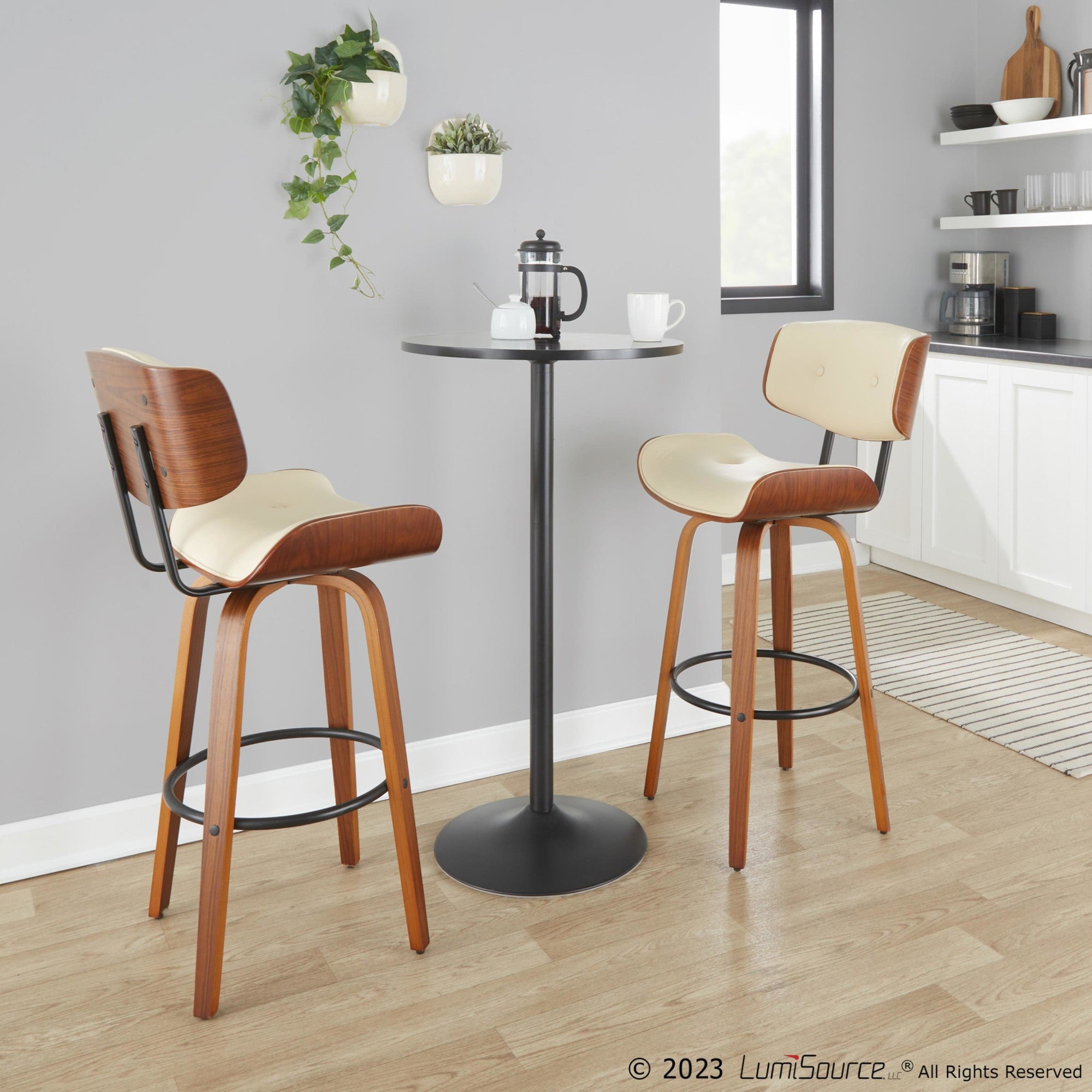 Lombardi 30" Fixed-Height Barstool - Set of 2 - Walnut Wood, Black Metal, Cream PU