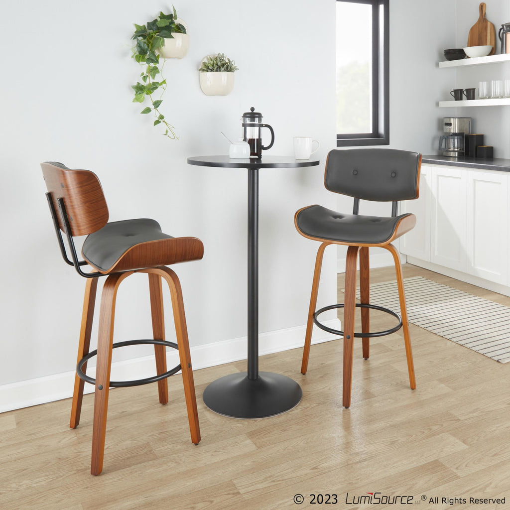 Lombardi 30" Fixed-Height Barstool - Set of 2 - Walnut Wood, Black Metal, Grey PU
