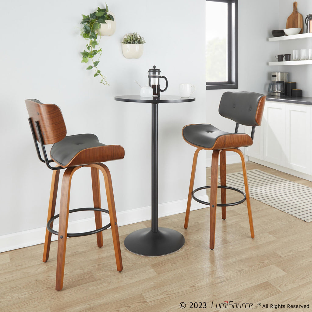 Lombardi 30" Fixed-Height Barstool - Set of 2 - Walnut Wood, Black Metal, Grey PU