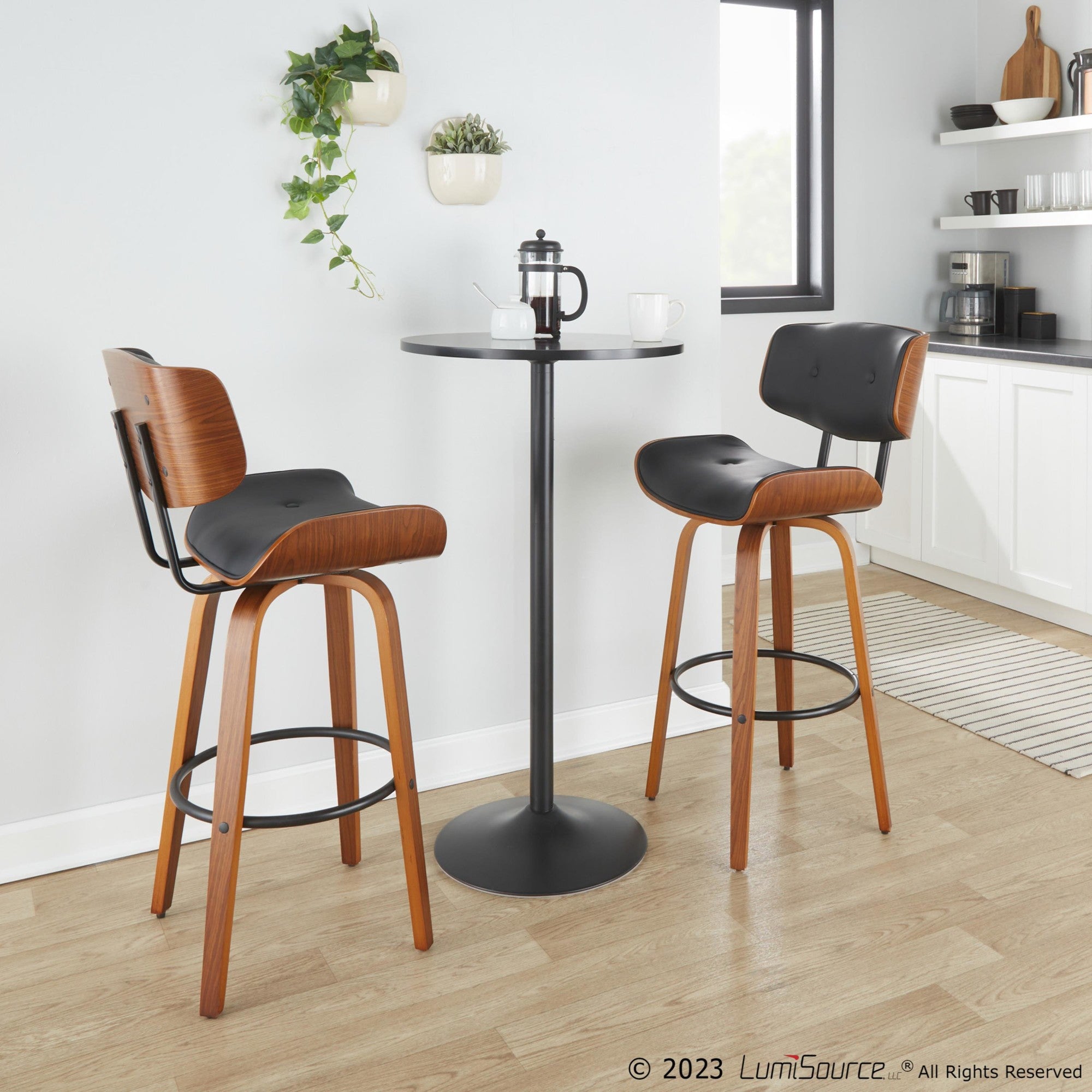 Lombardi 30" Fixed-Height Barstool - Set of 2 - Walnut Wood, Black Metal, Black PU