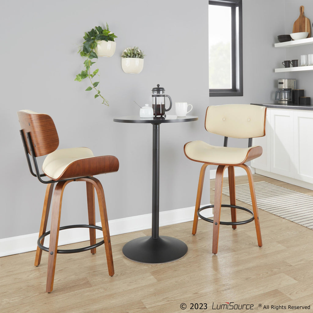 Lombardi 26" Fixed-Height Counter Stool - Set of 2 - Walnut Wood, Black Metal, Cream PU