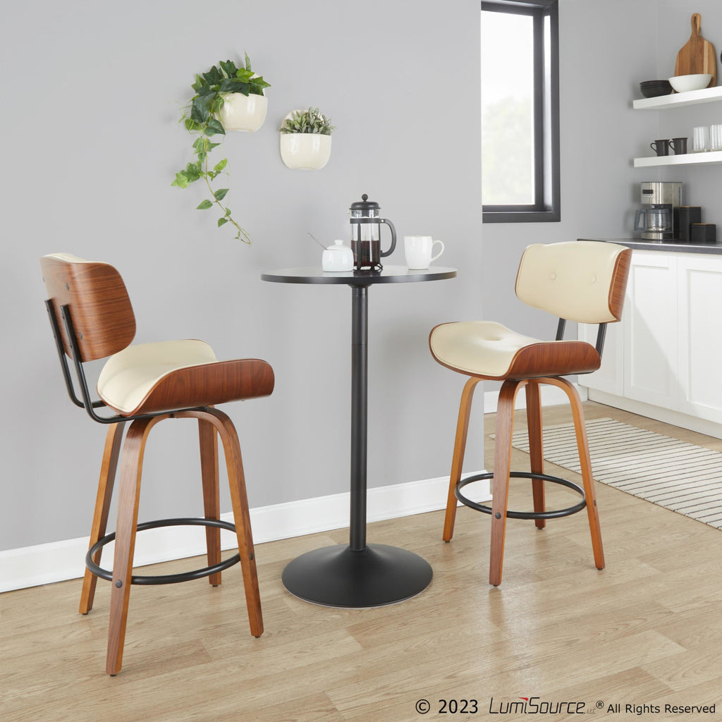Lombardi 26" Fixed-Height Counter Stool - Set of 2 - Walnut Wood, Black Metal, Cream PU