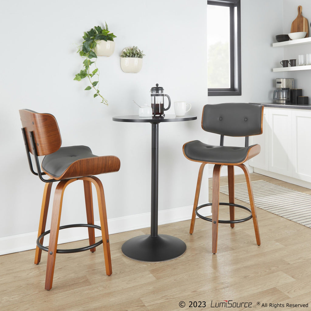 Lombardi 26" Fixed-Height Counter Stool - Set of 2 - Walnut Wood, Black Metal, Grey PU