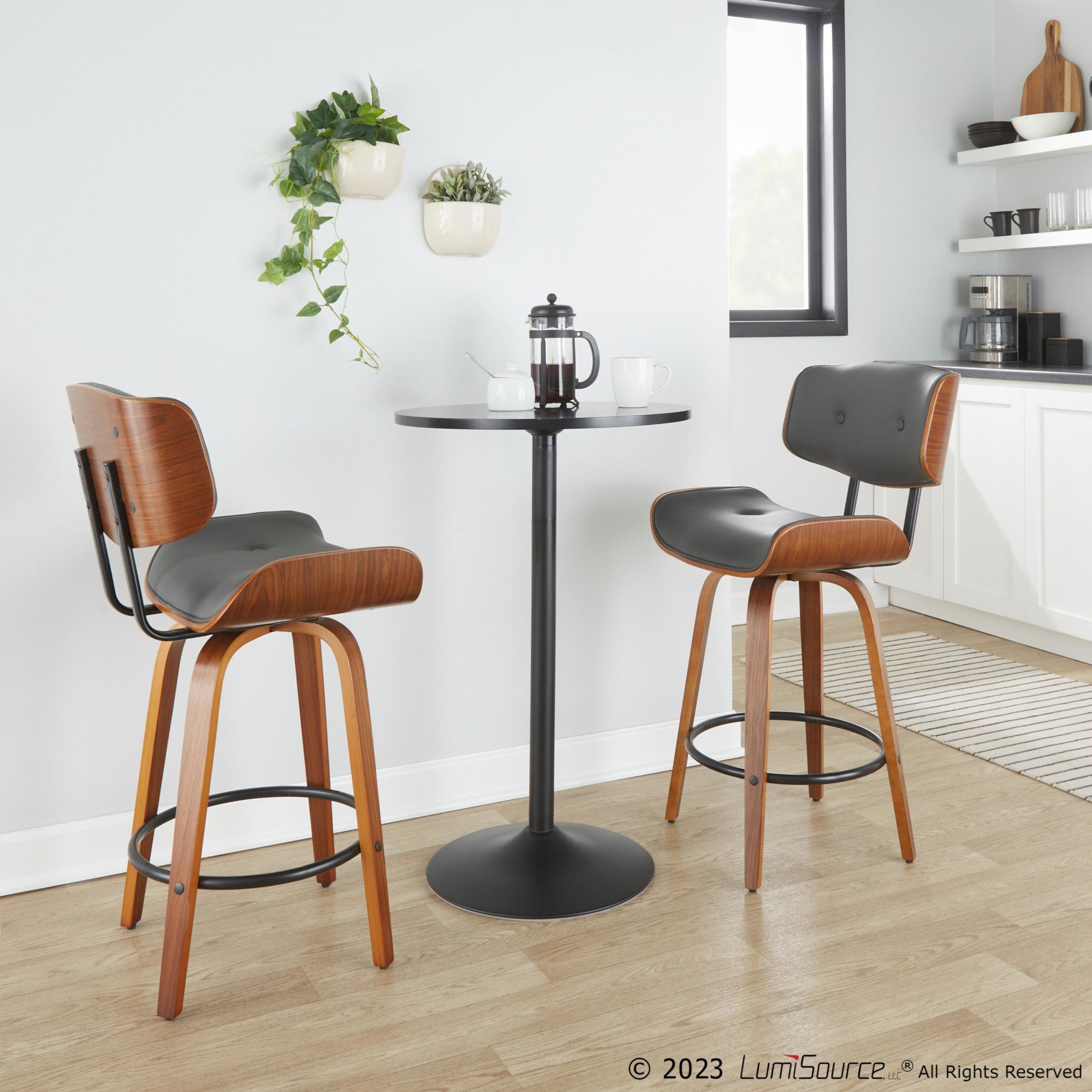 Lombardi 26" Fixed-Height Counter Stool - Set of 2 - Walnut Wood, Black Metal, Grey PU