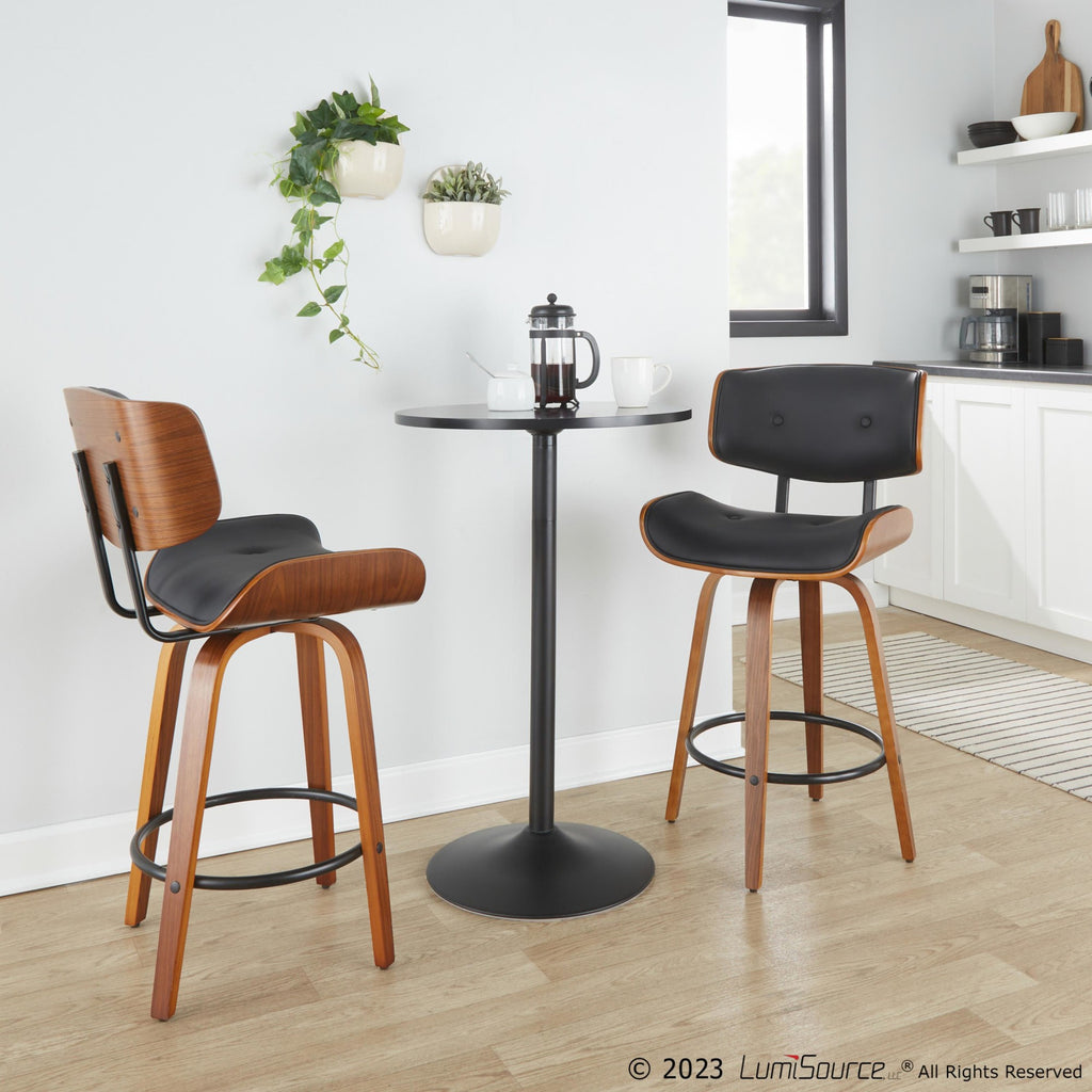 Lombardi 26" Fixed-Height Counter Stool - Set of 2 - Walnut Wood, Black Metal, Black PU