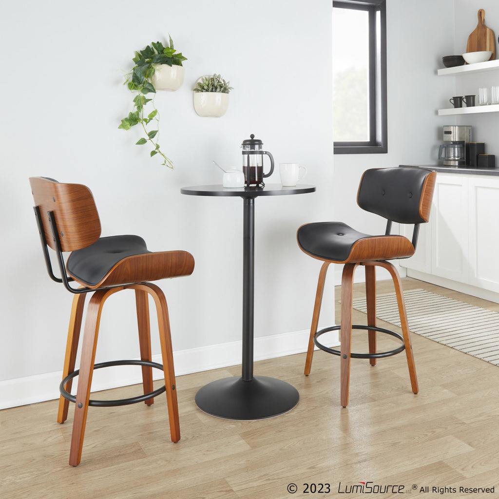 Lombardi 26" Fixed-Height Counter Stool - Set of 2 - Walnut Wood, Black Metal, Black PU