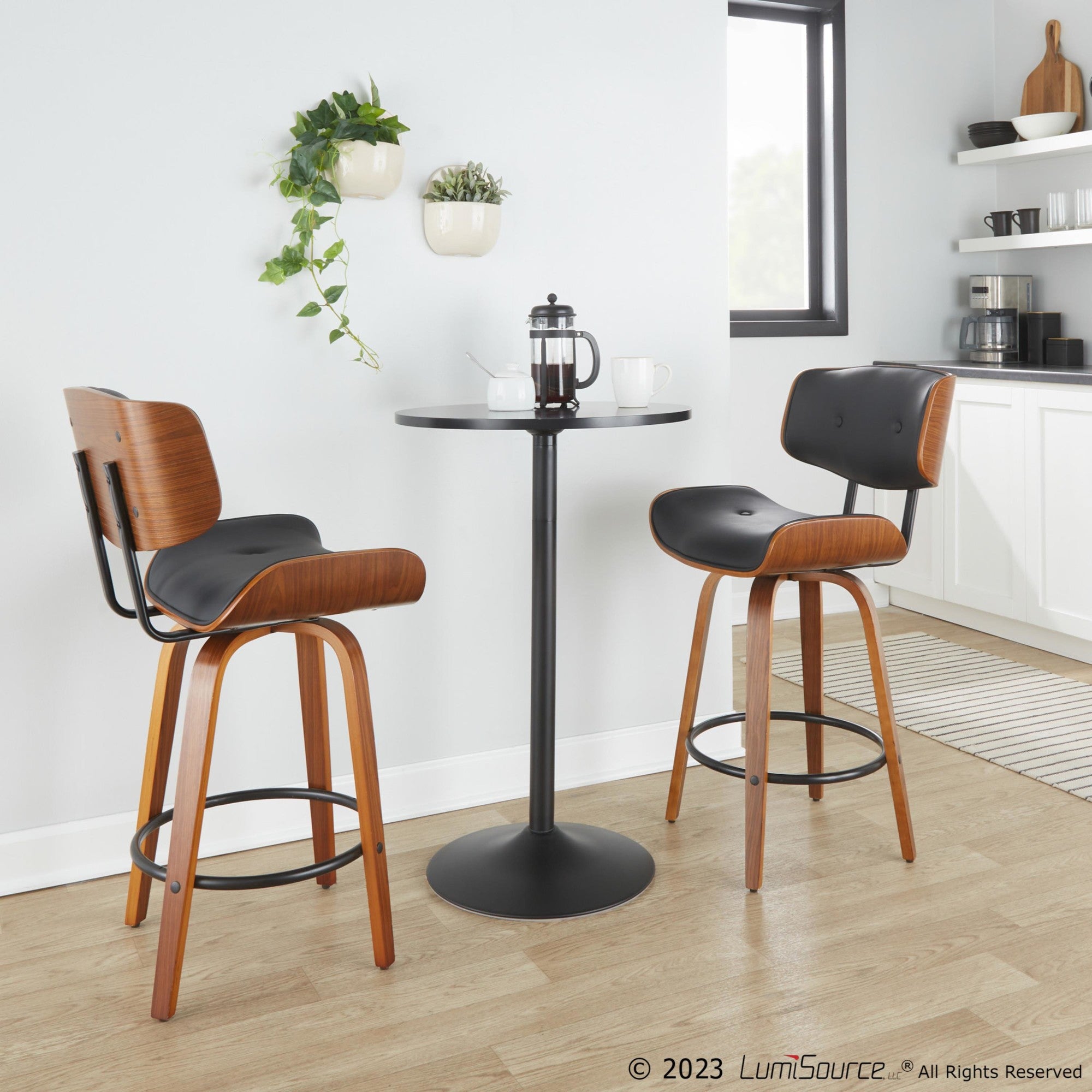 Lombardi 26" Fixed-Height Counter Stool - Set of 2 - Walnut Wood, Black Metal, Black PU